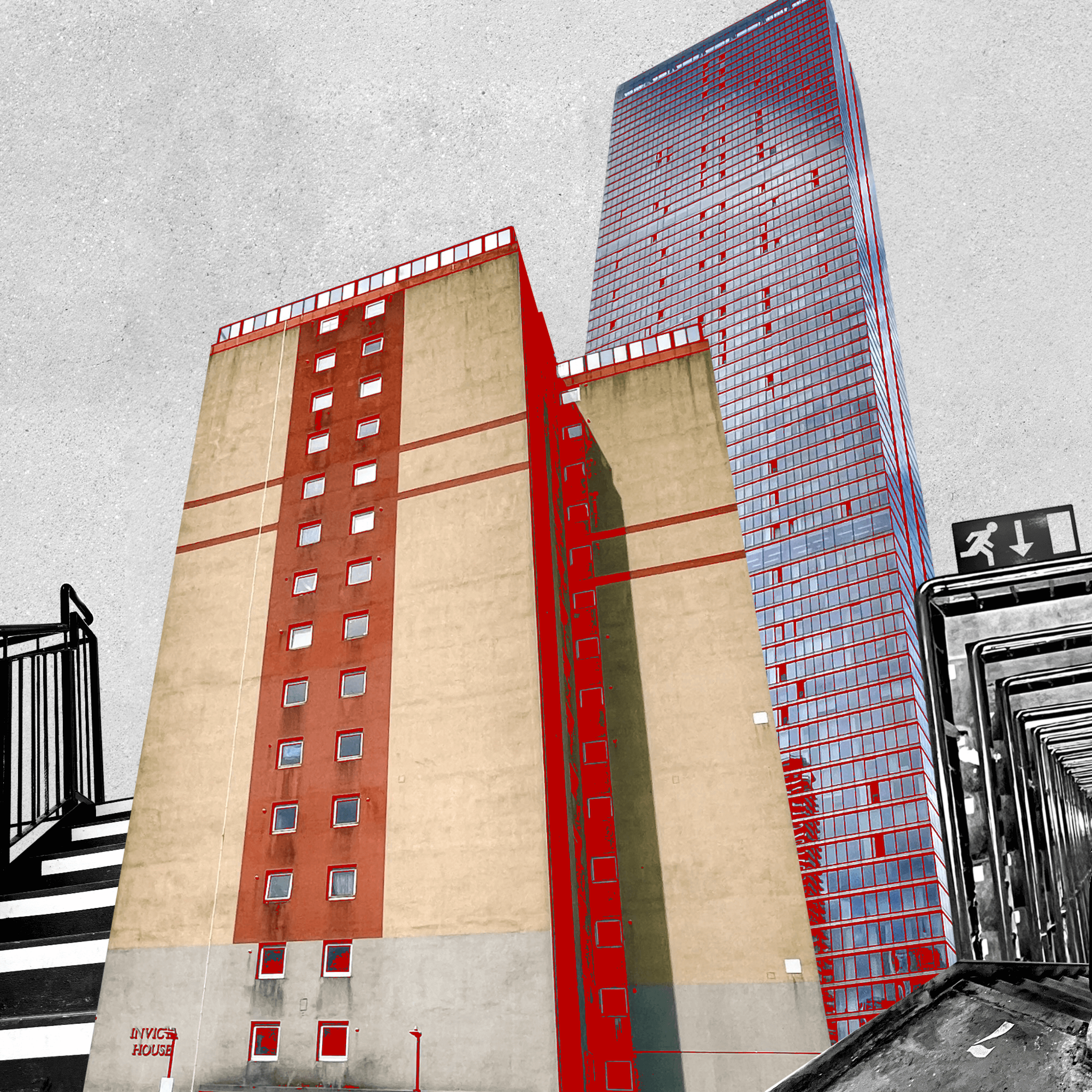 Graphic showing two tower blocks - Invicta House (left) and Landmark Pinnacle (right) - and staircases.