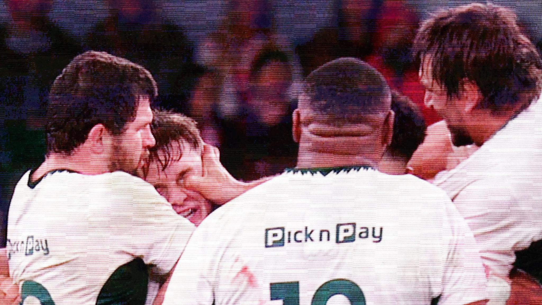 The incident between Alex Mann (second from left) and Eben Etzebeth (far right) was shown on the giant screens inside the Principality Stadium