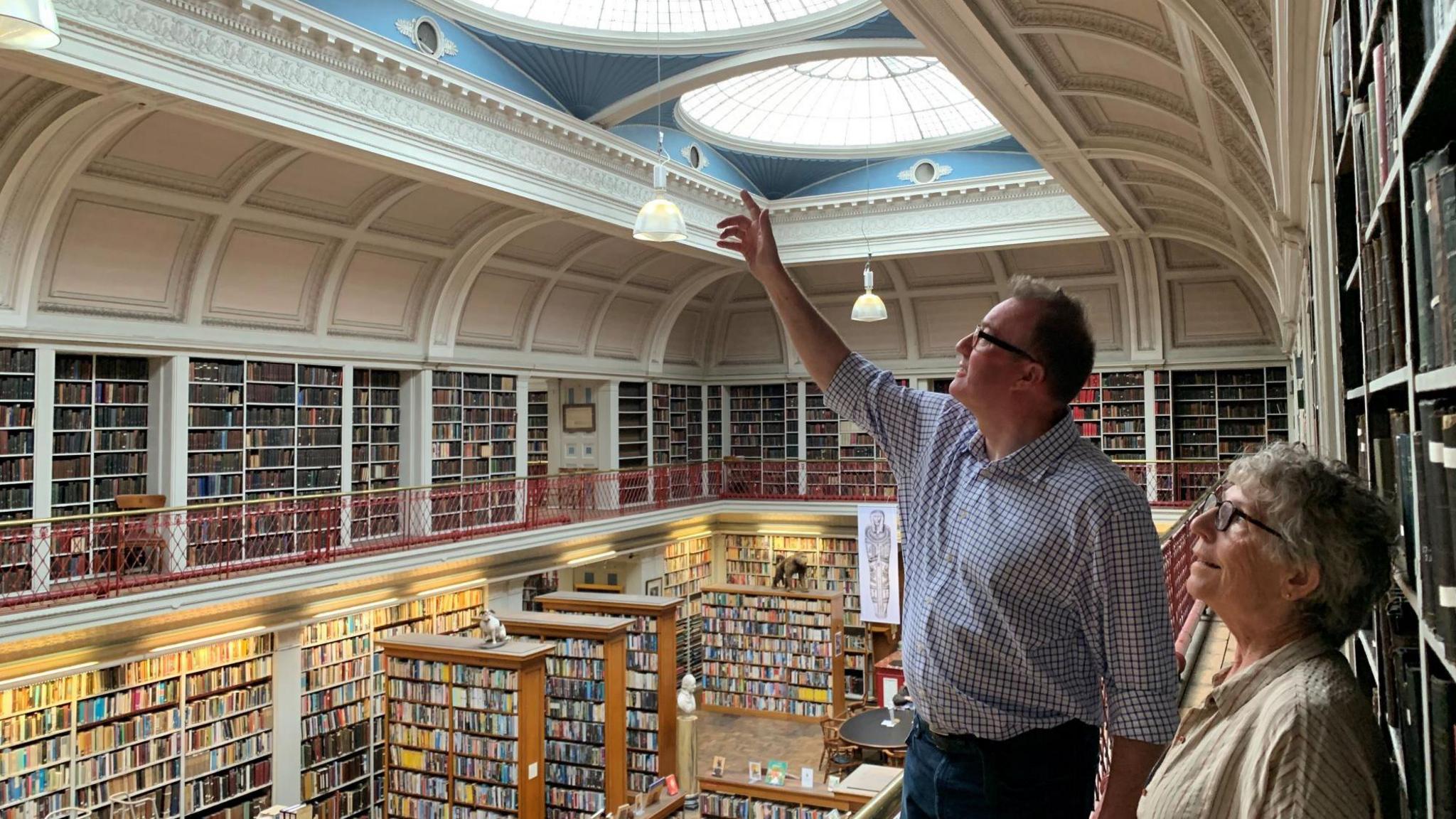 Tim Bailey and Mary Durkin under the ornate Lit & Phil ceiling