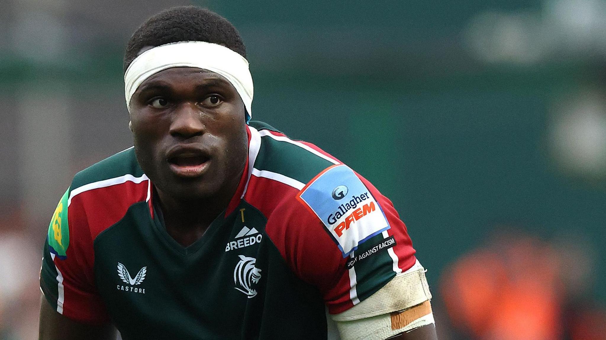 Emeka Ilione of Leicester Tigers looks on during a game
