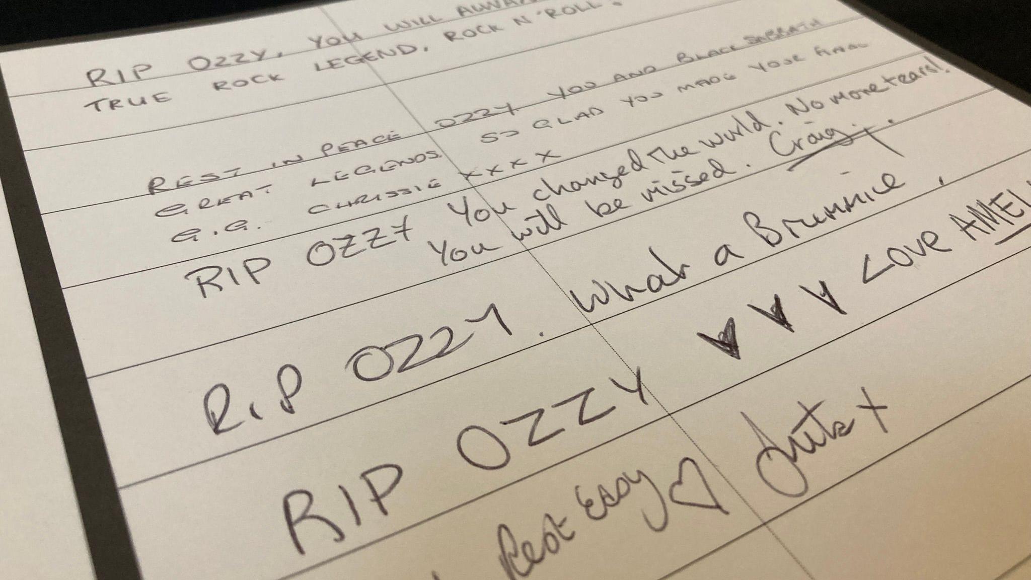 Several messages written in the book of condolences, many reading: "RIP Ozzy." One message reads: "RIP Ozzy, what a Brummie!"