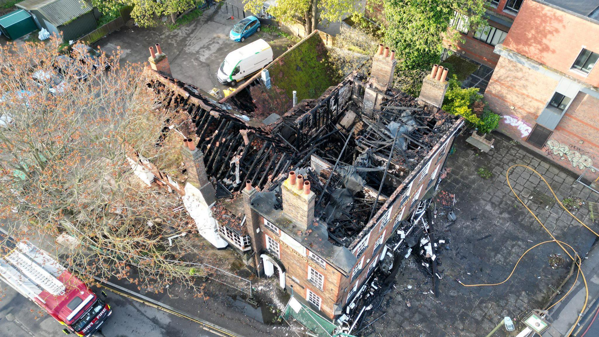 An aerial photo showing the extent of the fire damage at the Burn Bullock pub in Mitcham