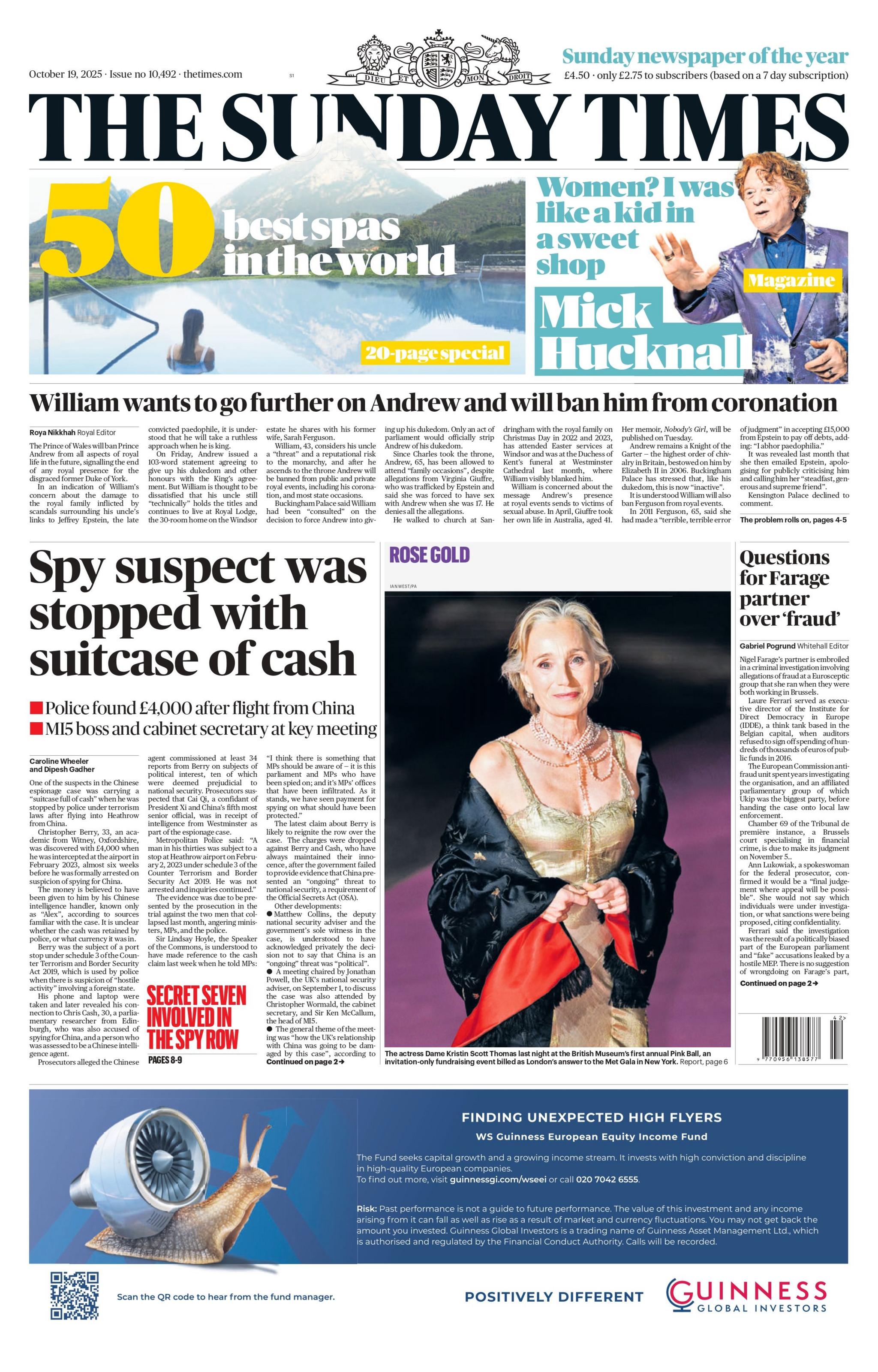 "Spy suspect was stopped with suitcase of cash" reads the headline on the front page of The Sunday Times.