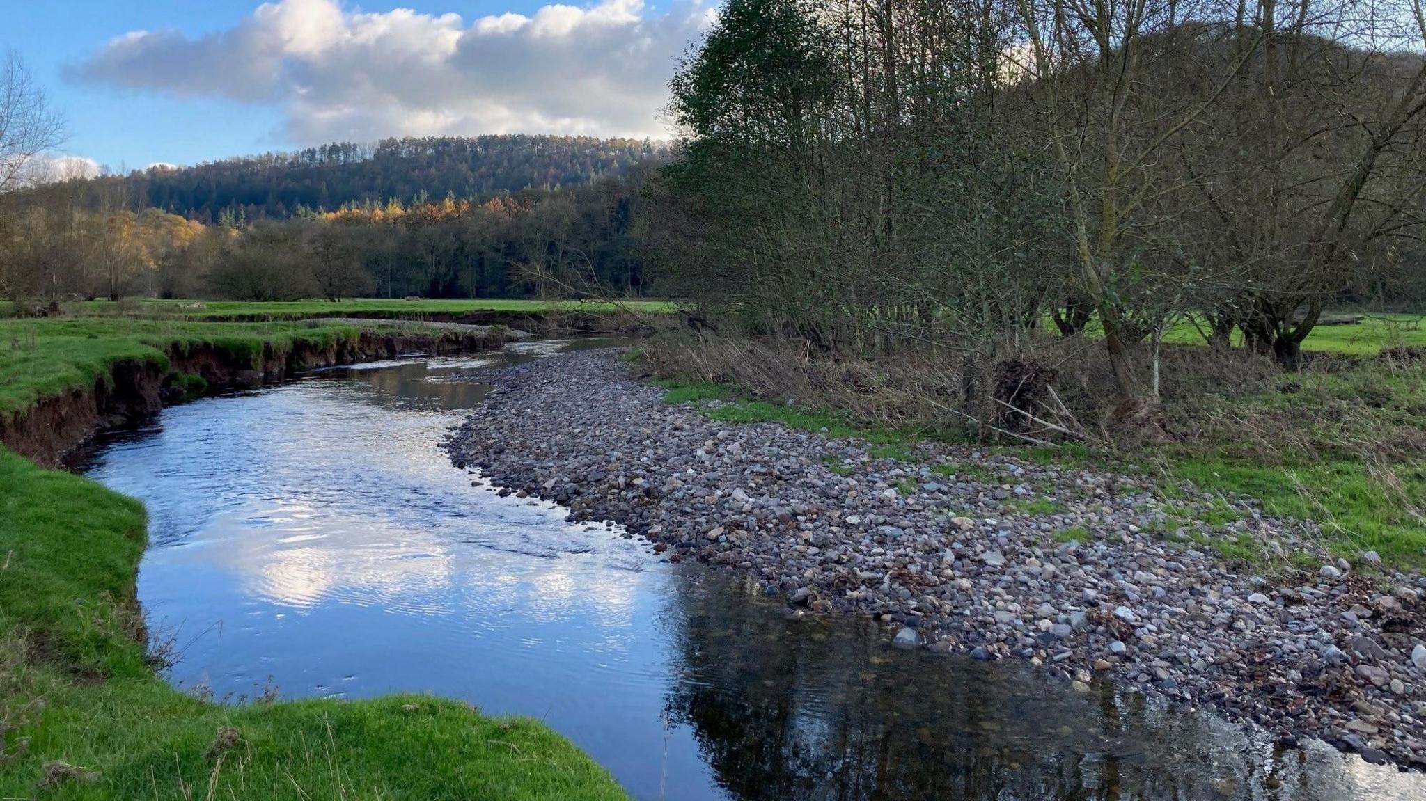 The River Onny winding through the countryside.  It has a grass bank on one side and shingle on the other. Woodland and hills can be seen in the background. 