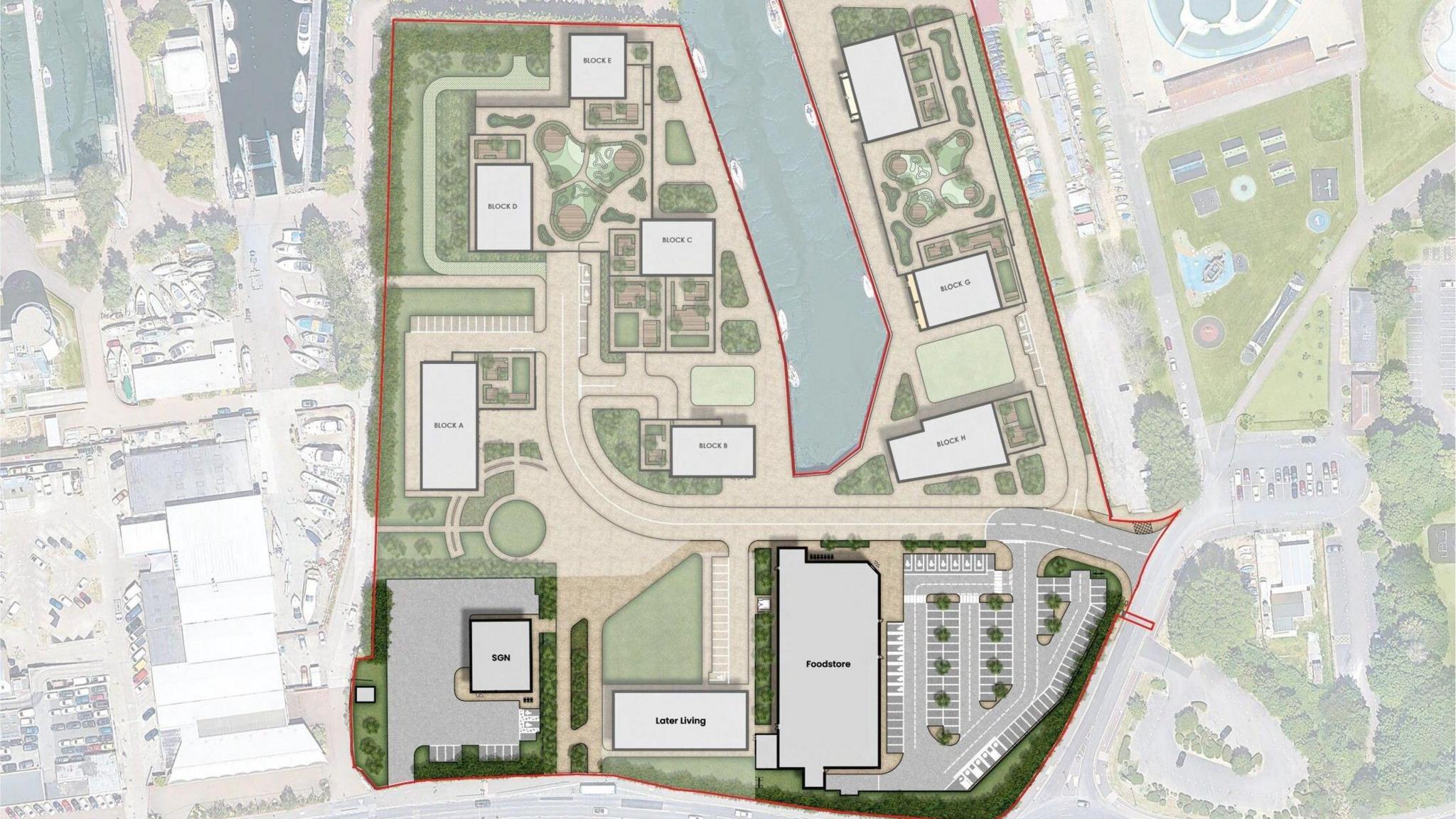 An aerial view showing a two-dimensional map of the proposed property developments from Blueberry Homes. Eight blocks of flats line the waterfront to the north. A "food store," "later living," and "SGN" building make up the south of the map.