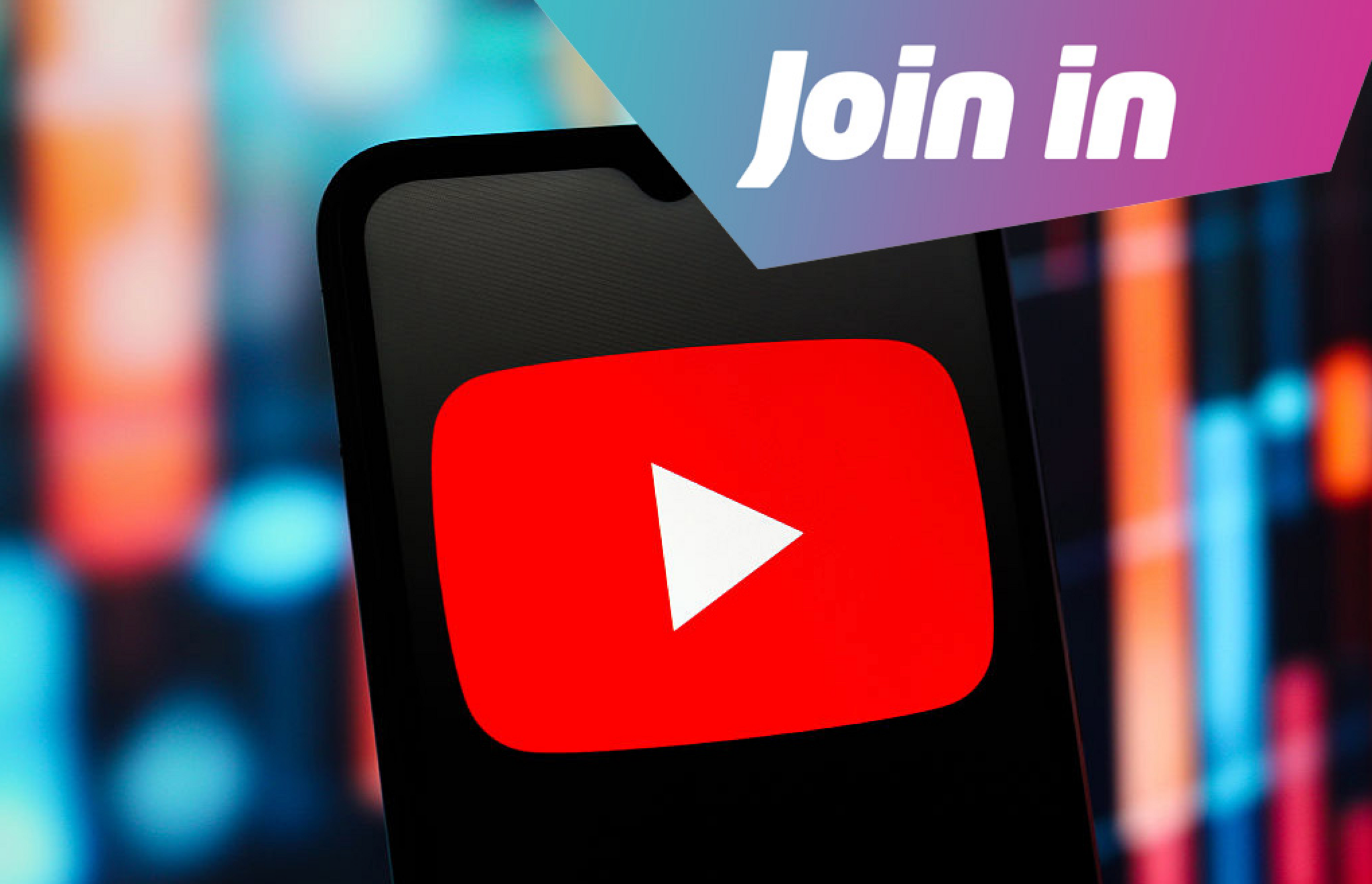 YouTube logo on phone with Newsround 'Join in' logo