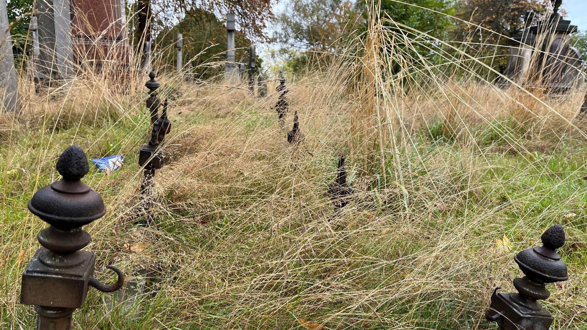 Close up of an overgrown grave, showing a series of metal posts, which once held a chain, with other headstones in the background