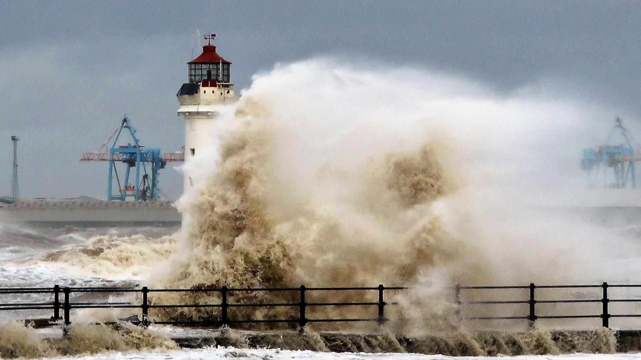 Winds bring in large waves in New Brighton, Merseyside on Thursday