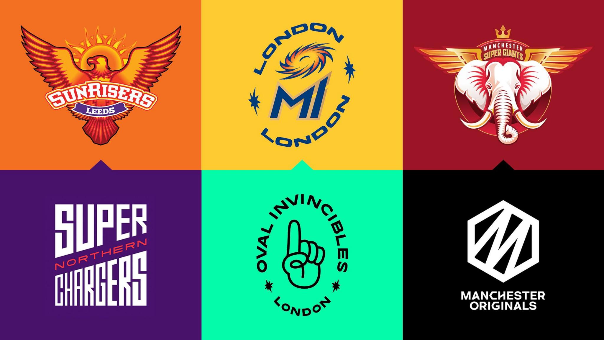 A graphic with the three new logos of Sunrisers Leeds, MI London and Manchester Super Giants placed above the logos of their previous identities - Northern Superchargers, Oval Invincibles and Manchester Originals