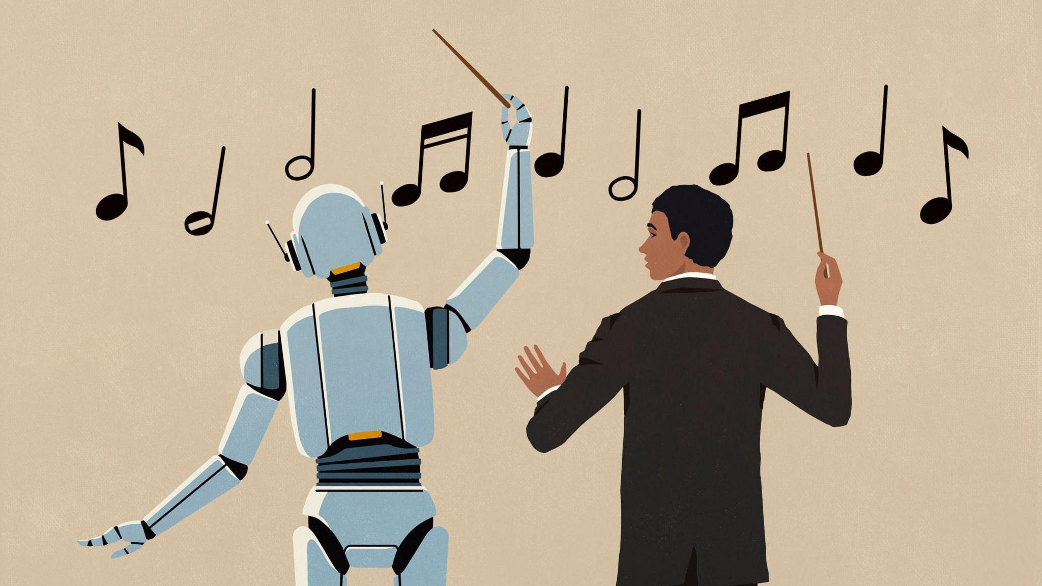 A silver robot stands next to a man on a beige background. They both hold conducting sticks and are moving them in front of large music notes.