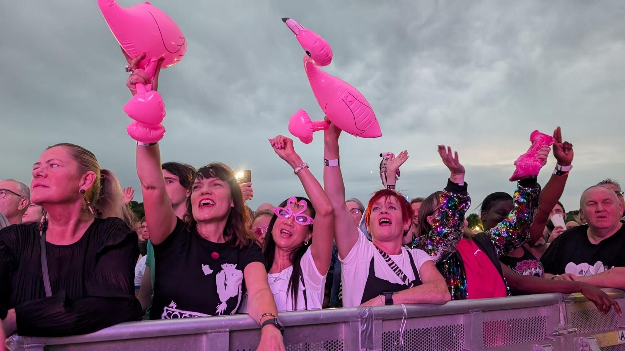 A crowd at an outdoor festival, standing in the front row behind a metal barrier. Some of them are waving inflatable pink flamingoes.