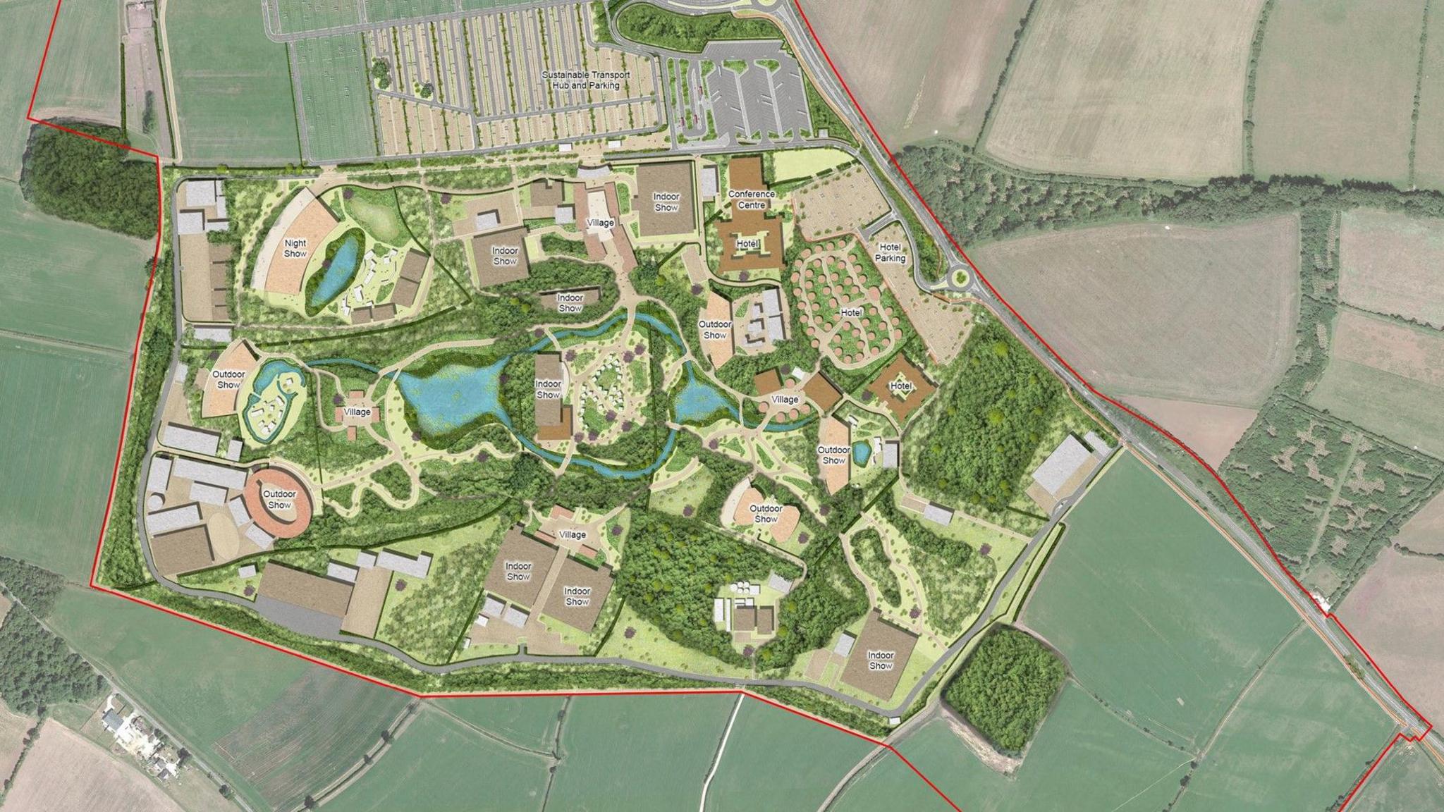 A birdseye view of an artist's impression of the site showing the layout of the propsals including buildings, wooded areas, lakes and access to the road network.