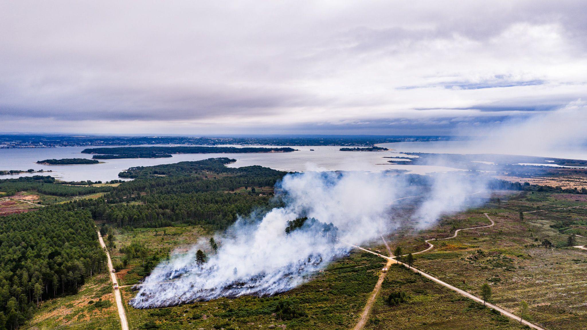 A drone photo showing an area of heathland alight. There's a large plume of smoke billowing into the sky.