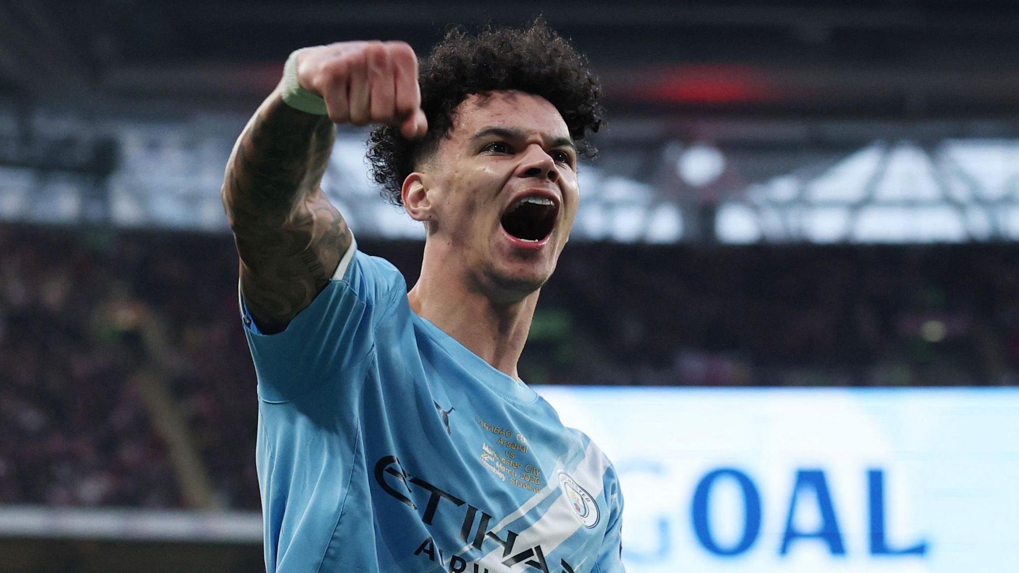 Nico O'Reilly celebrates scoring at Wembley