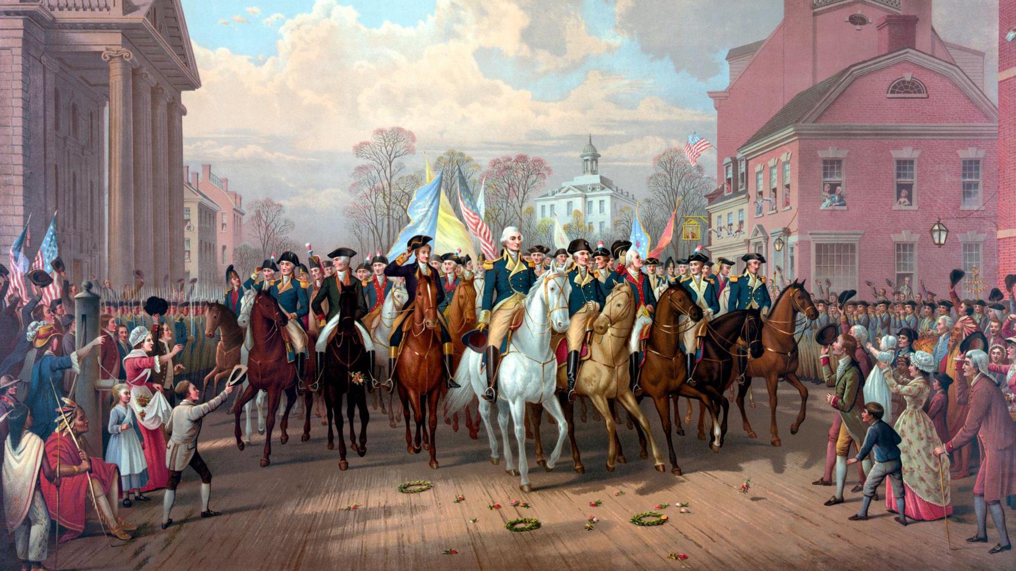 Seòras Washington air muin eich ann an New York an 1783