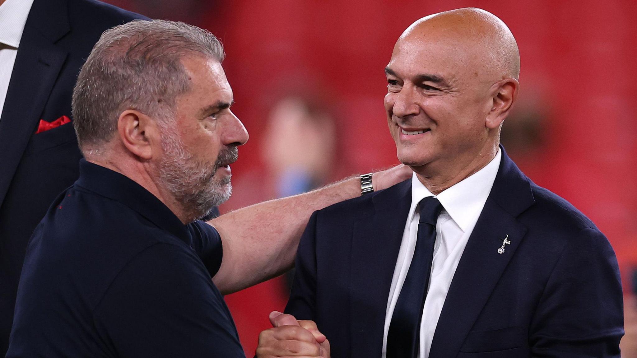 Tottenham manager Ange Postecoglou and chairman Daniel Levy shake hands after the Europa League in Bilbao