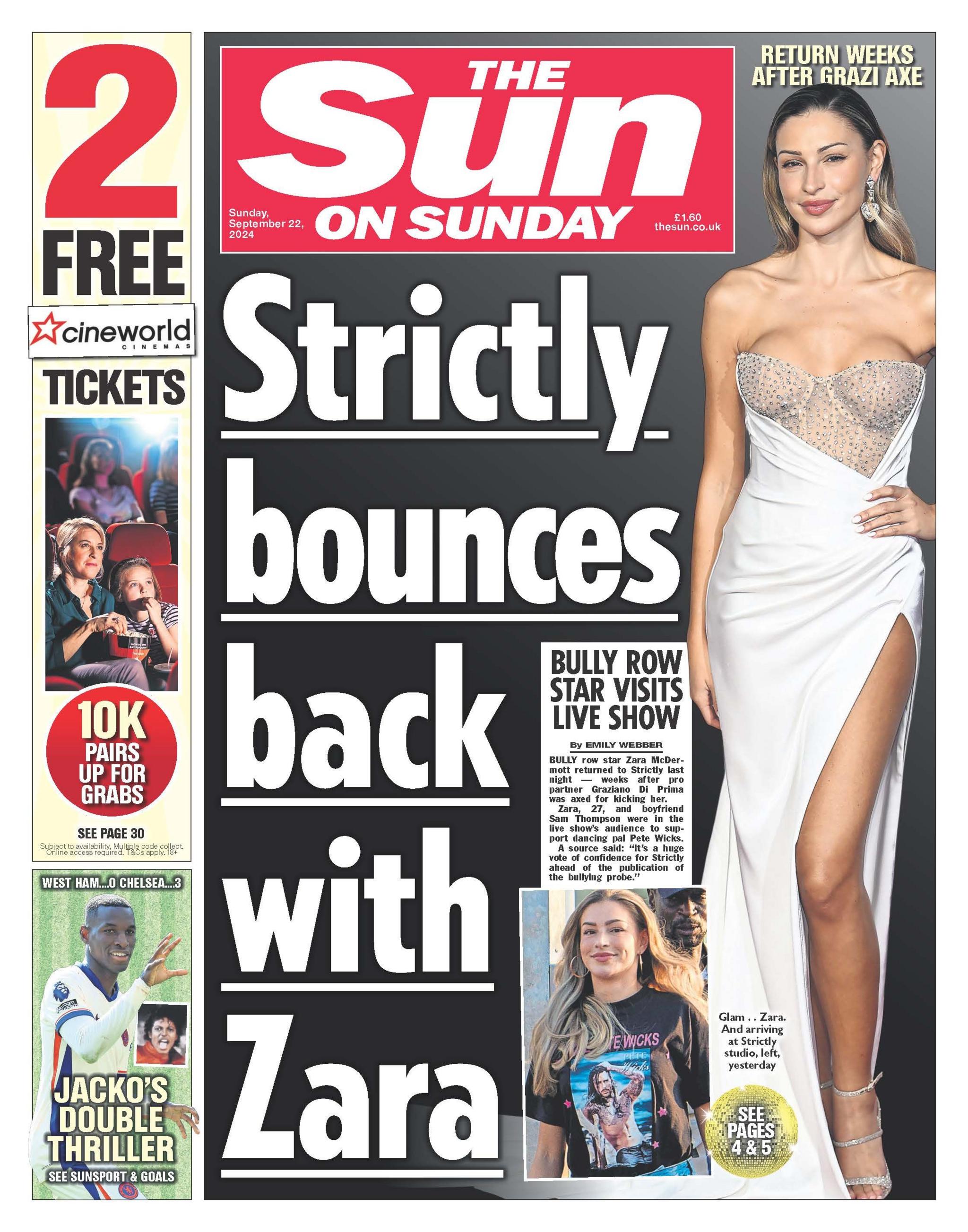 The Sun on Sunday headline reads: Strictly bounces back with Zara