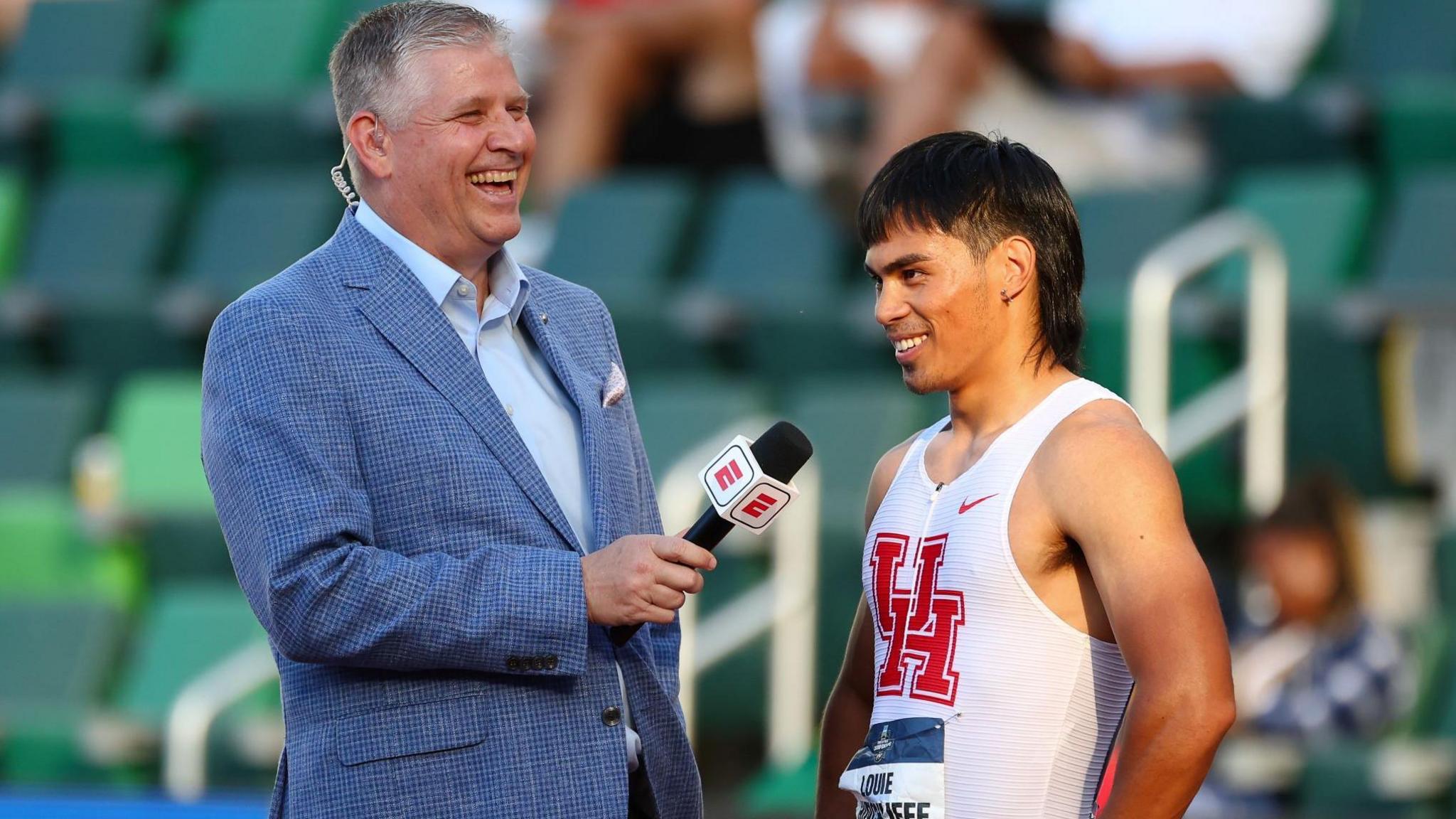 Louie Hinchliffe is interviewed following his 100m win at the NCAA Championships