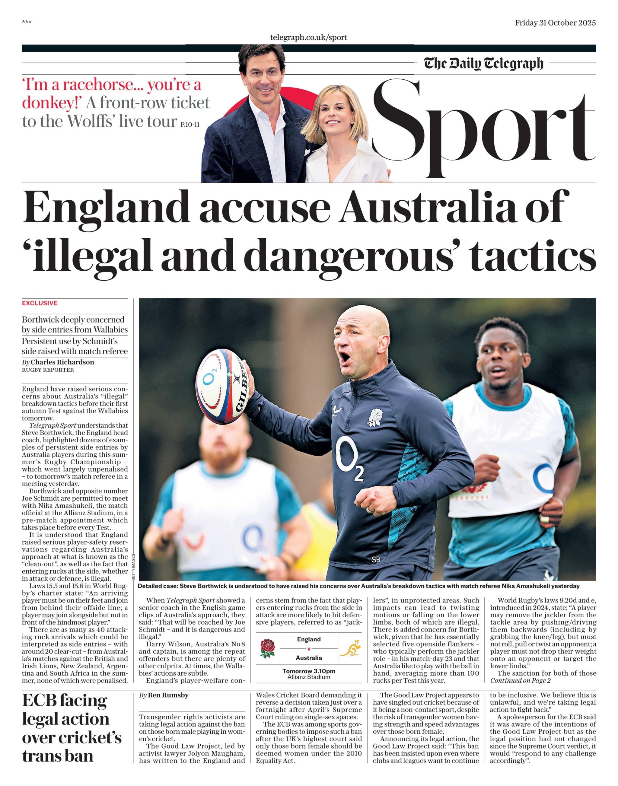 Lead sport page in the Telegraph