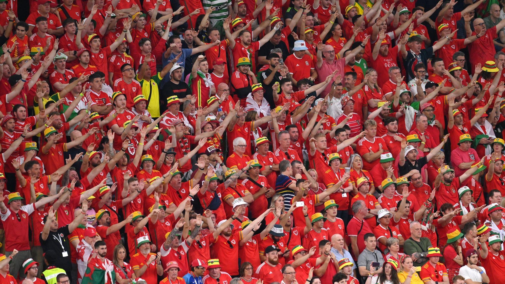 A bank of Wales supporters in a stadium