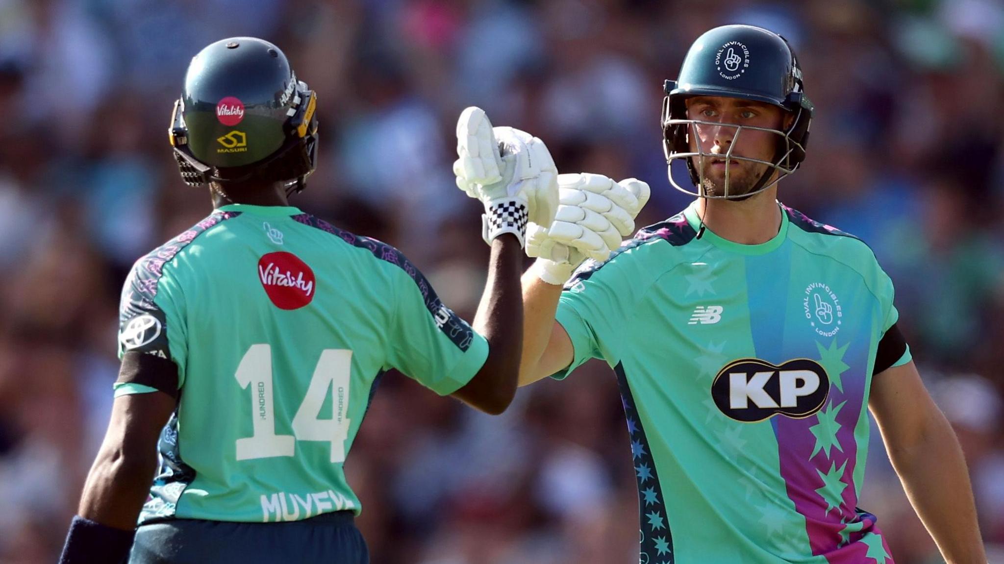 Oval Invincibles openers Tawanda Muyeye (left) and Will Jacks (right) touch gloves