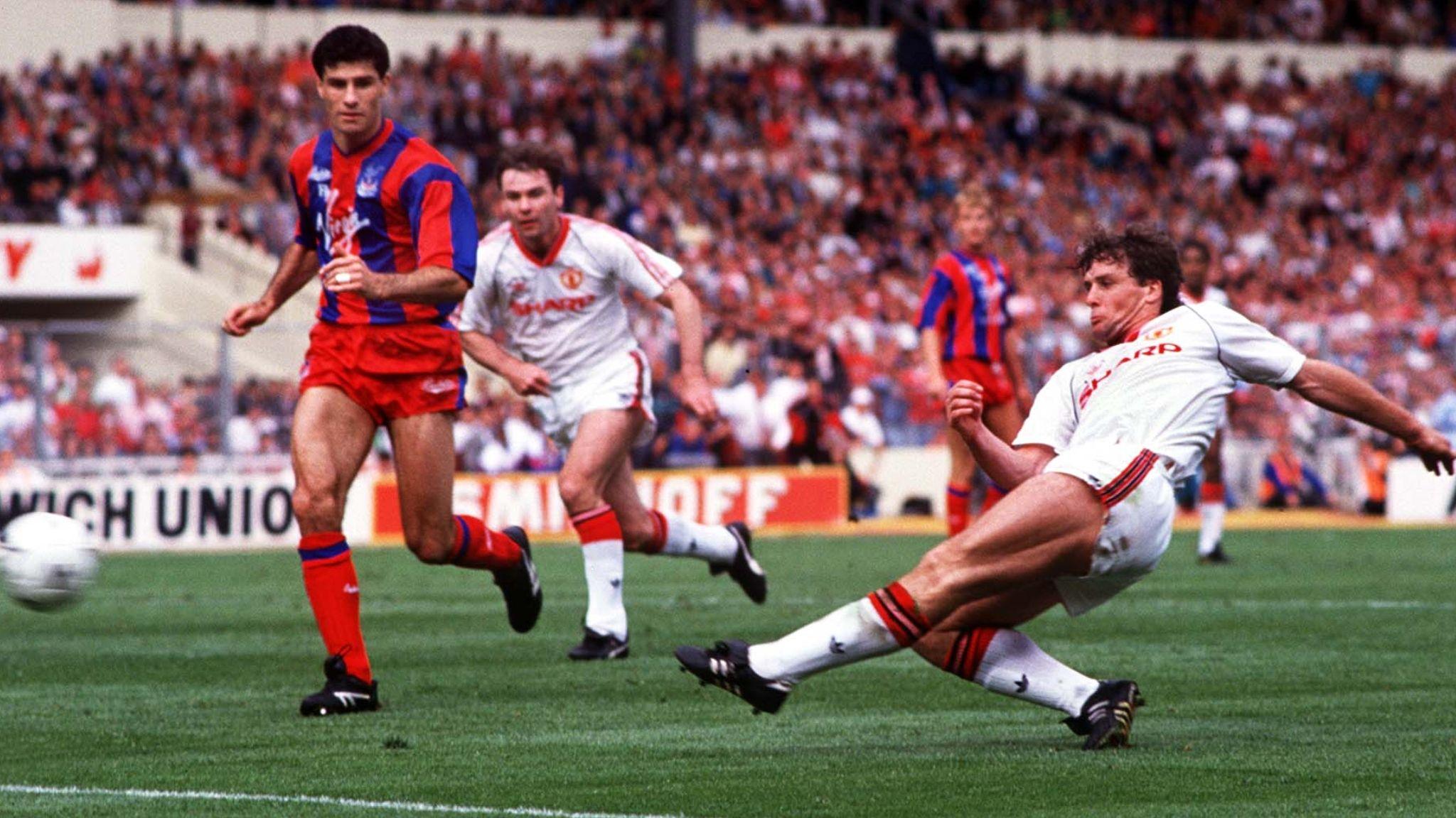 Mark Hughes scores to put Manchester United ahead 2-1 in the 1990 FA Cup Final v Crystal Palace