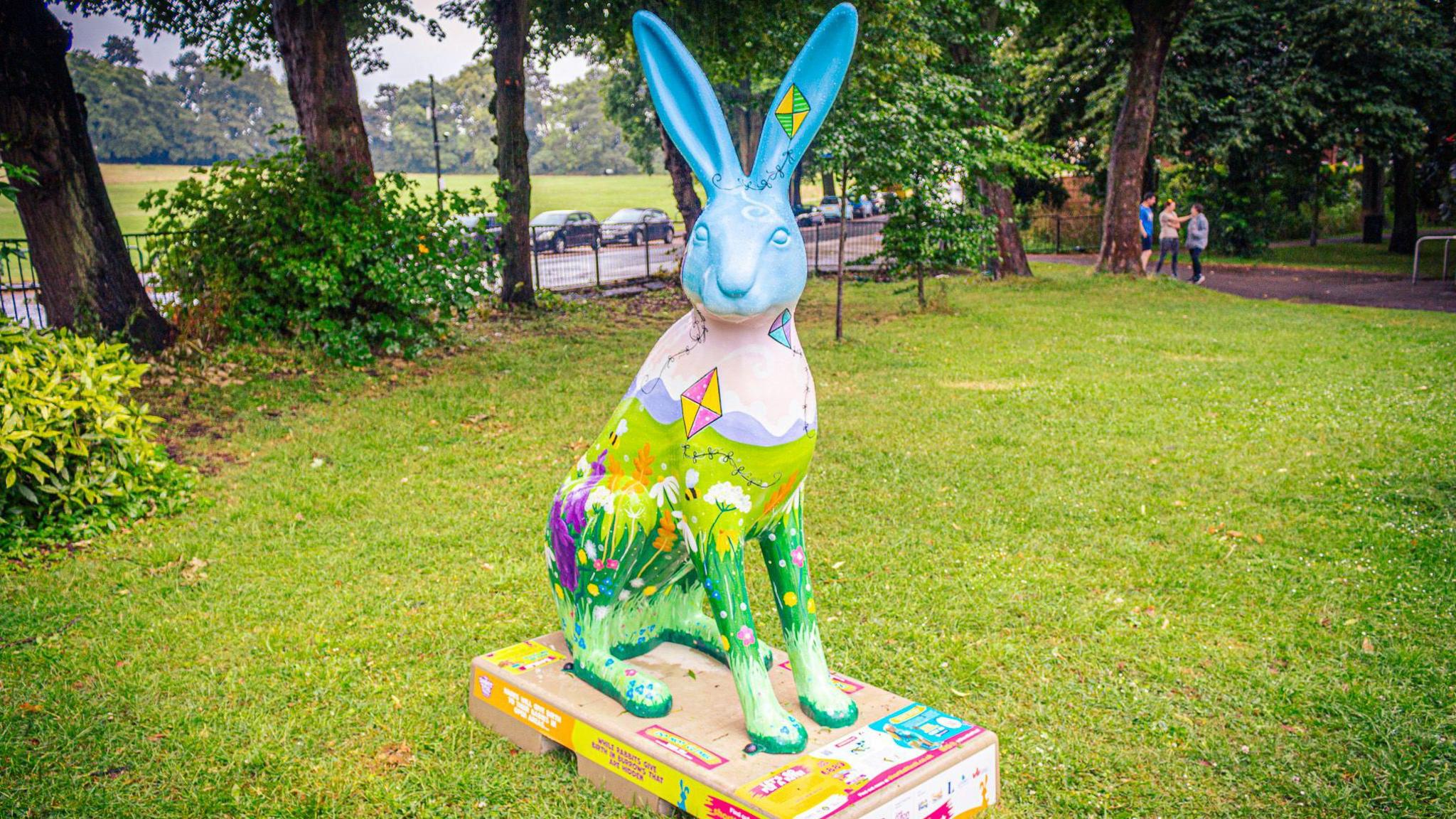 A painted hare sculpture in Wardown Park