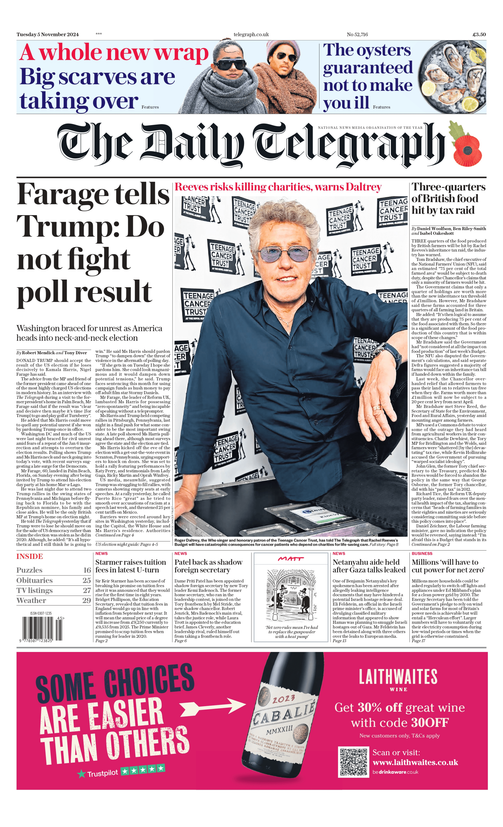 The headline on the front page of the Daily Telegraph reads: “Farage tells Trump: Do not fight poll result"  