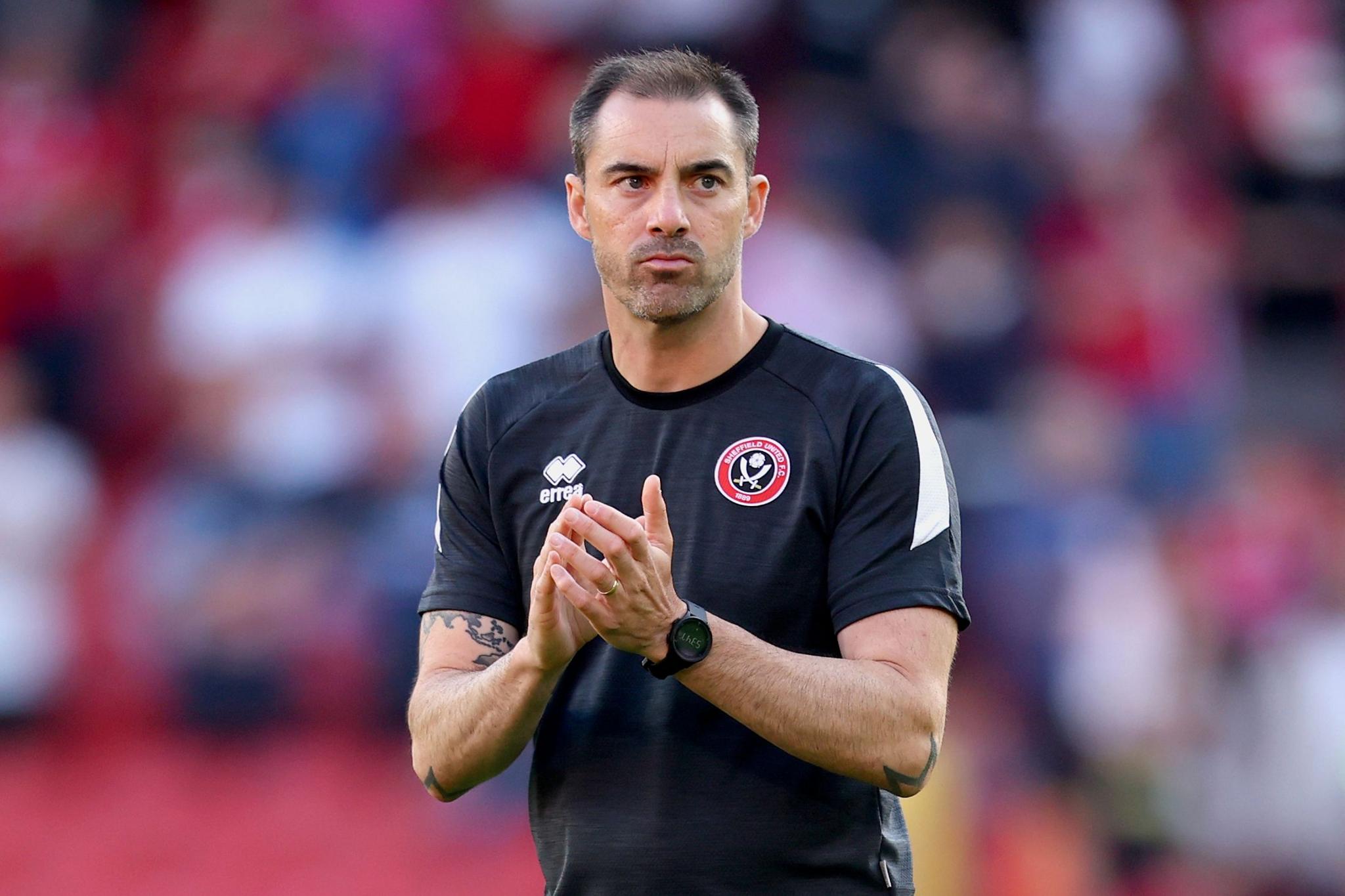 Ruben Selles applauds during Sheffield United's match against Bristol City