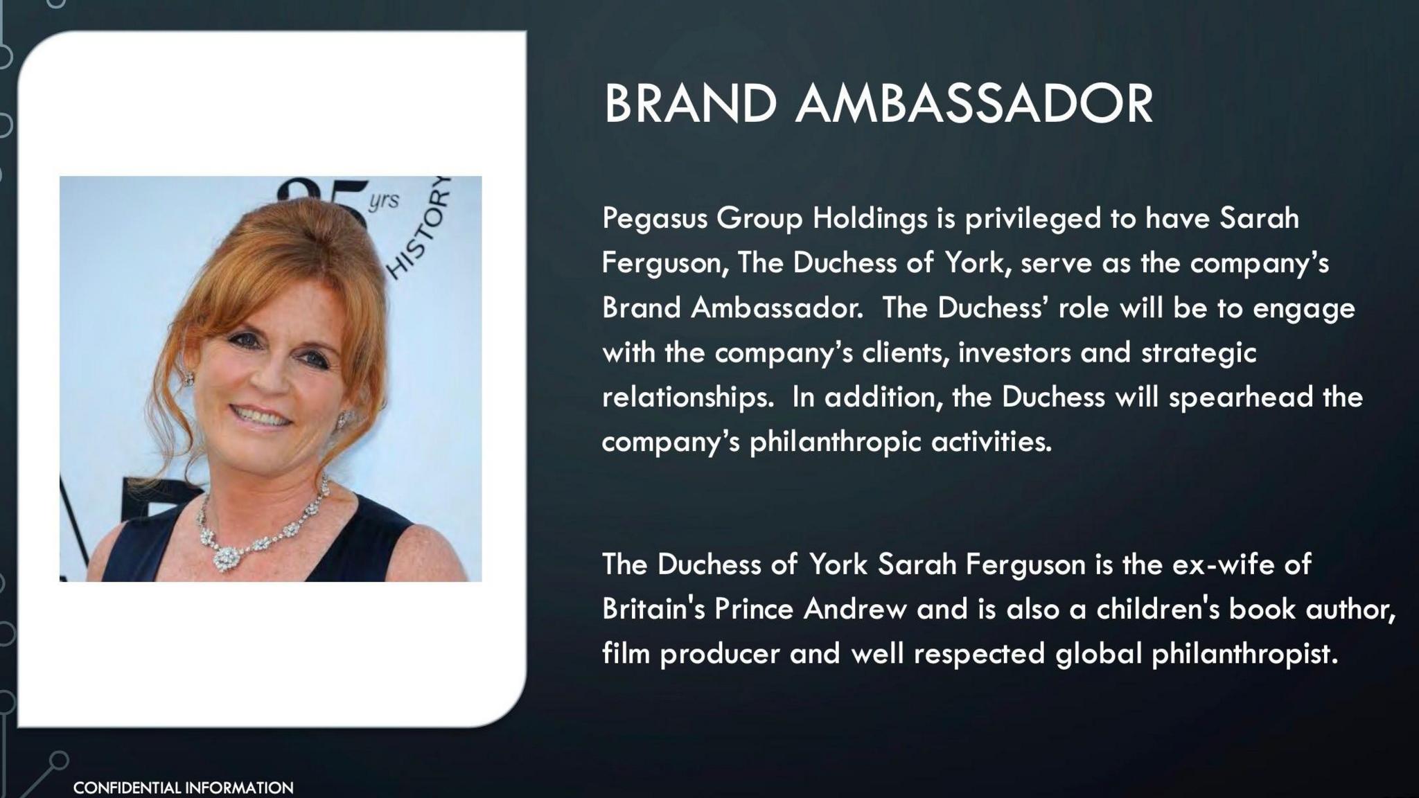 A screenshot of publicity material showing a picture of Sarah Ferguson in a black dress with a diamond necklace and a biography explaining that her role was to "engage with the company's clients, investors and strategic relationships" and to "spearhead the company's philanthropic activities".