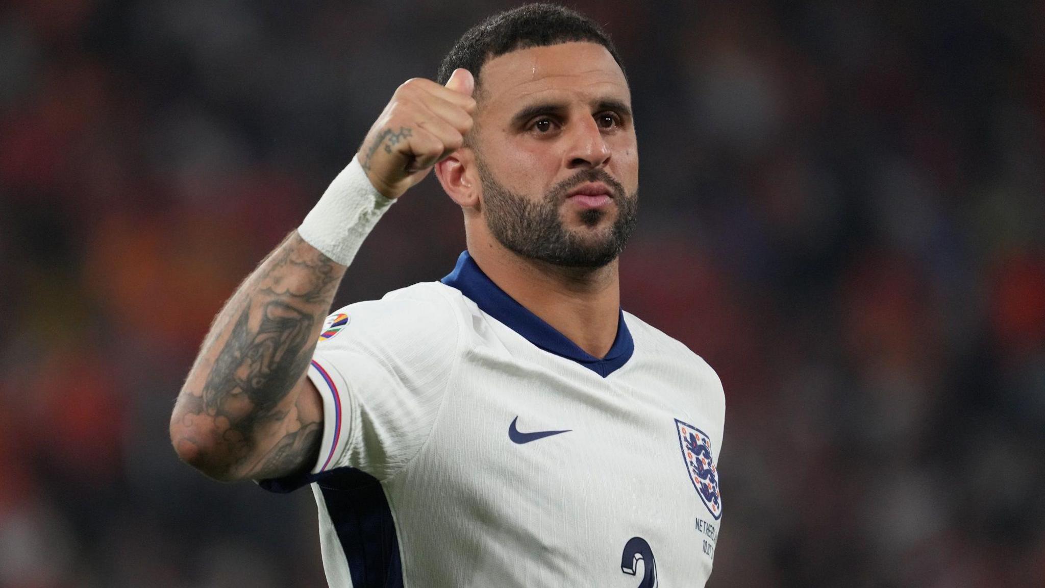 Kyle Walker gives the thumbs up while in action for England during Euro 2024 