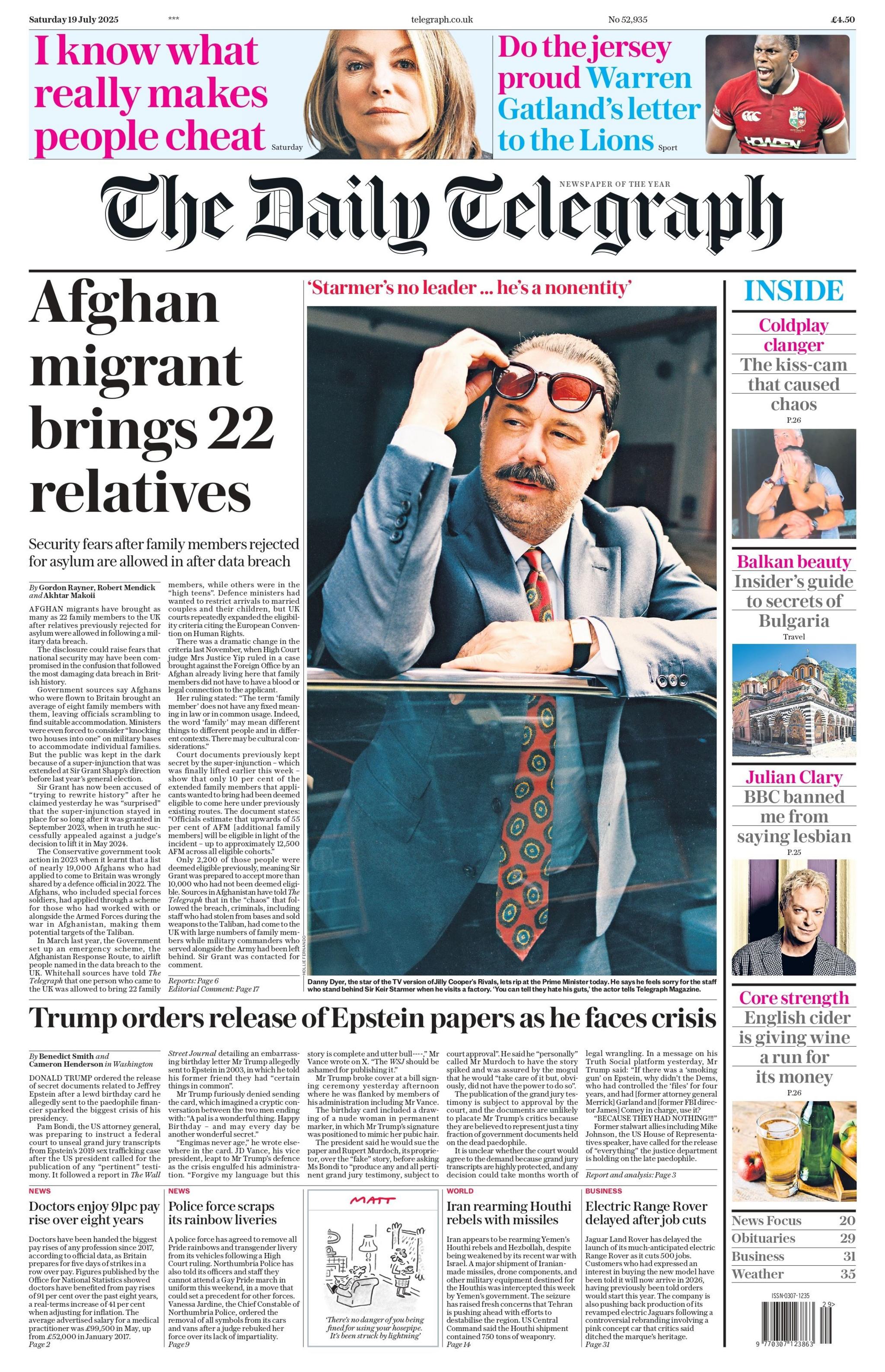 The front page headline of The Daily Telegraph reads: "Afghan migrant brings 22 relatives".