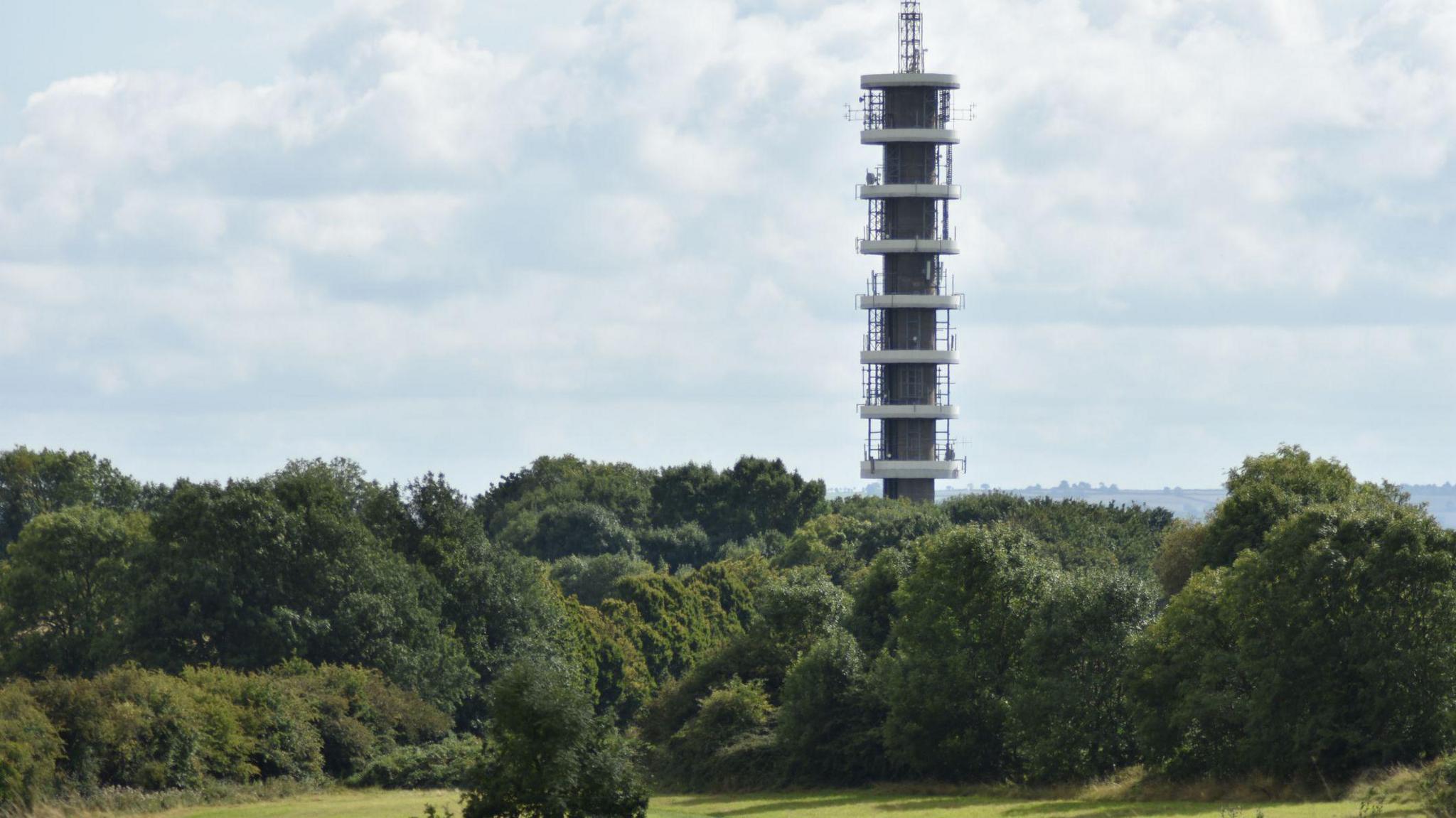 A large grey communications tower rises out of an area of woodland in Purdown.