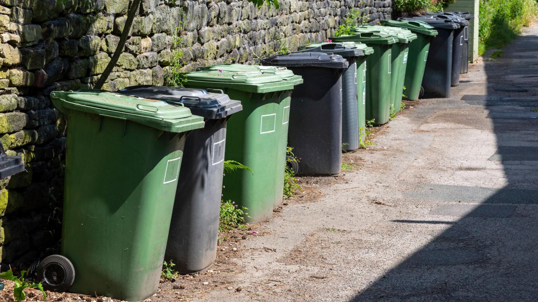 Green and black bins lined up against a brick wall.