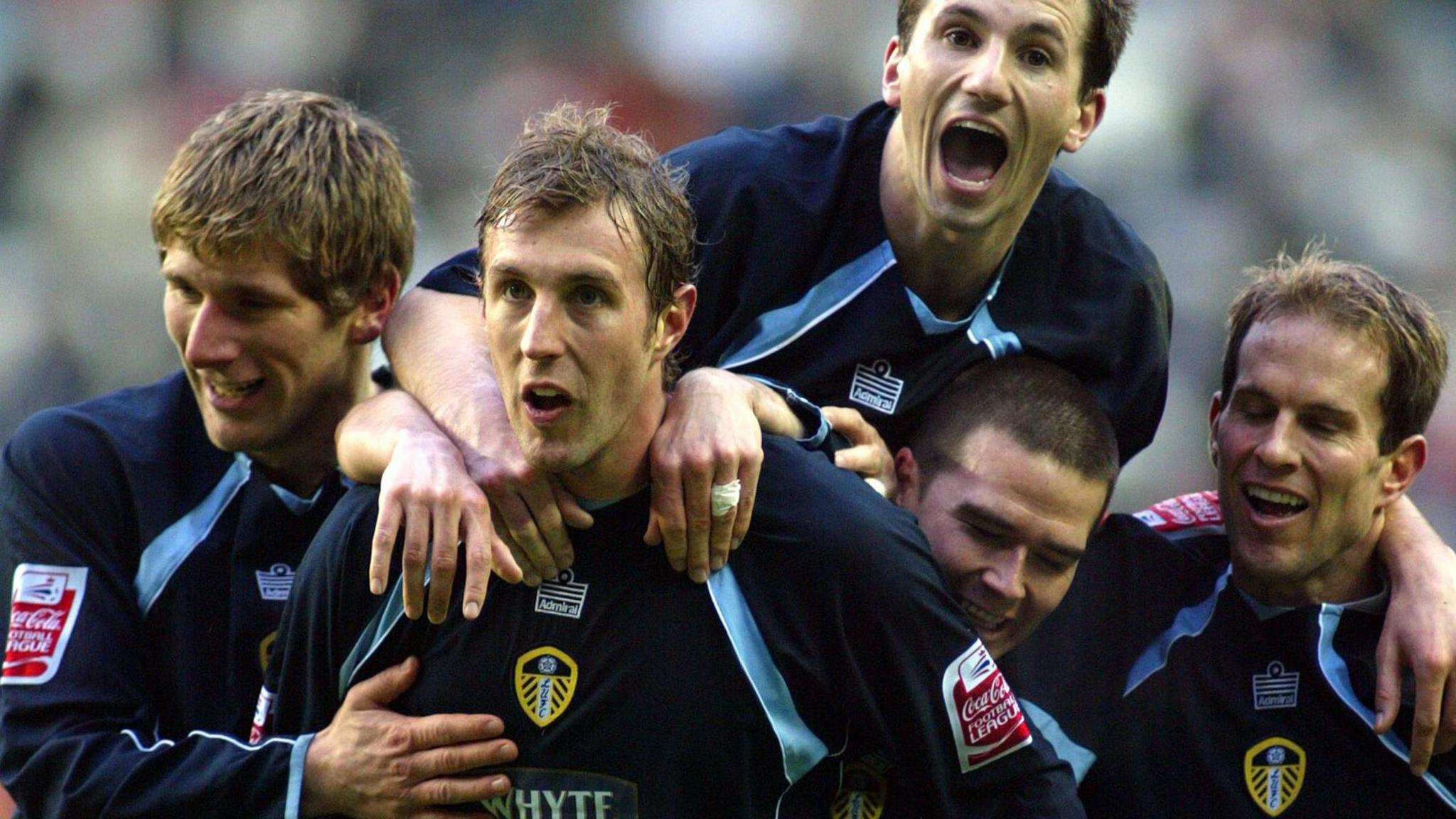 Leeds players Richard Creswell, Rob Hulse, Liam Miller, David Healy and Eddie Lewis celebrate a goal in the 2005-06 season