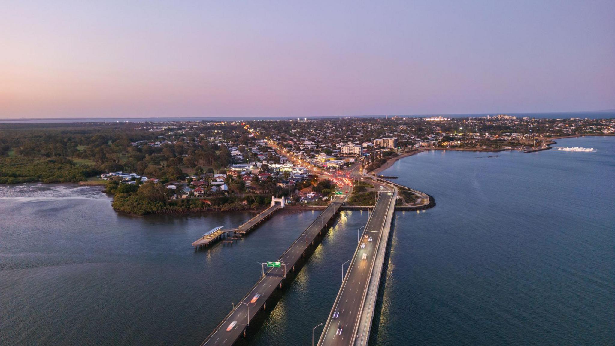 An overhead picture of the Redcliffe peninsula at sunset