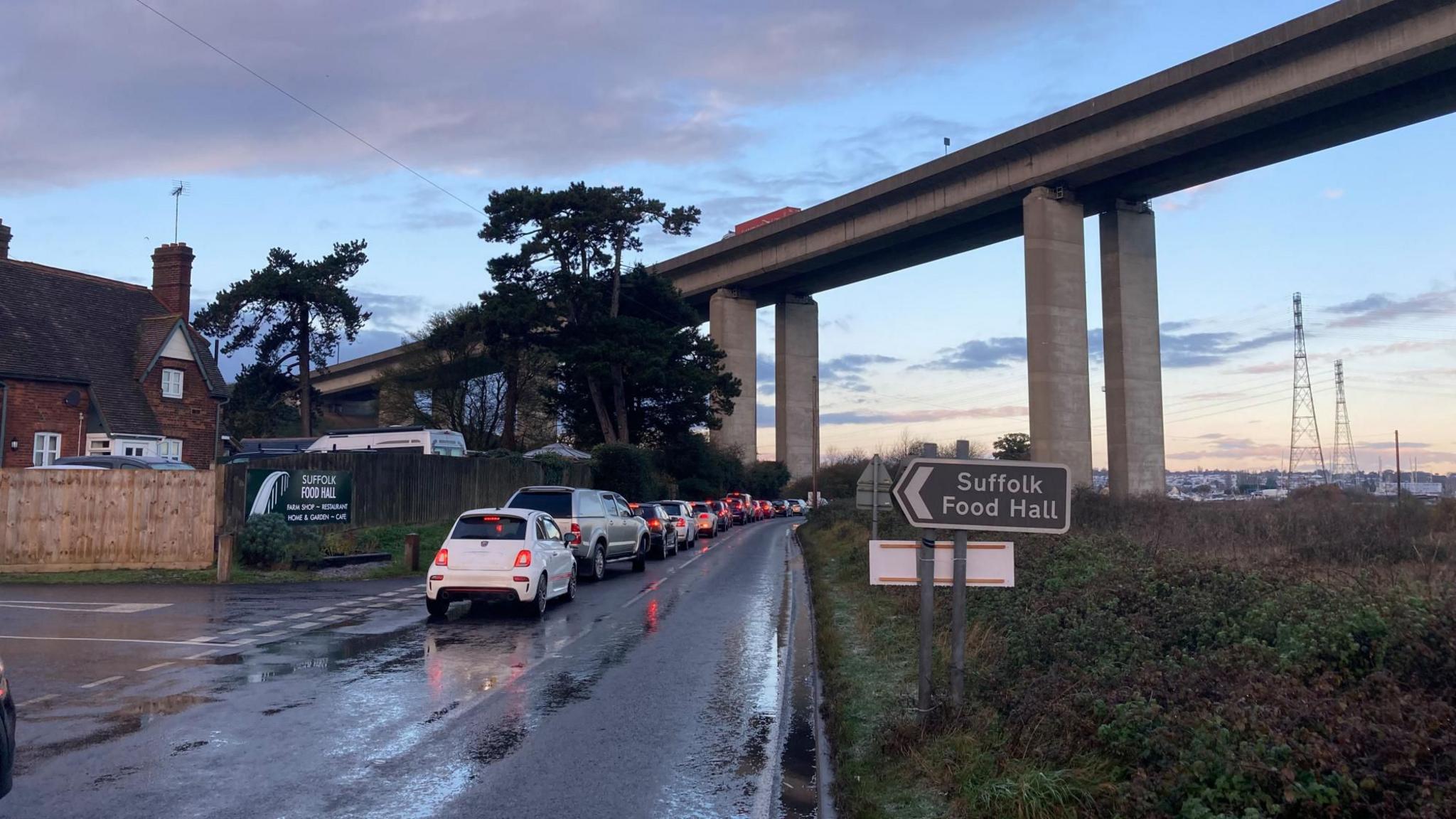 Traffic queuing under the Orwell Bridge at Wherstead