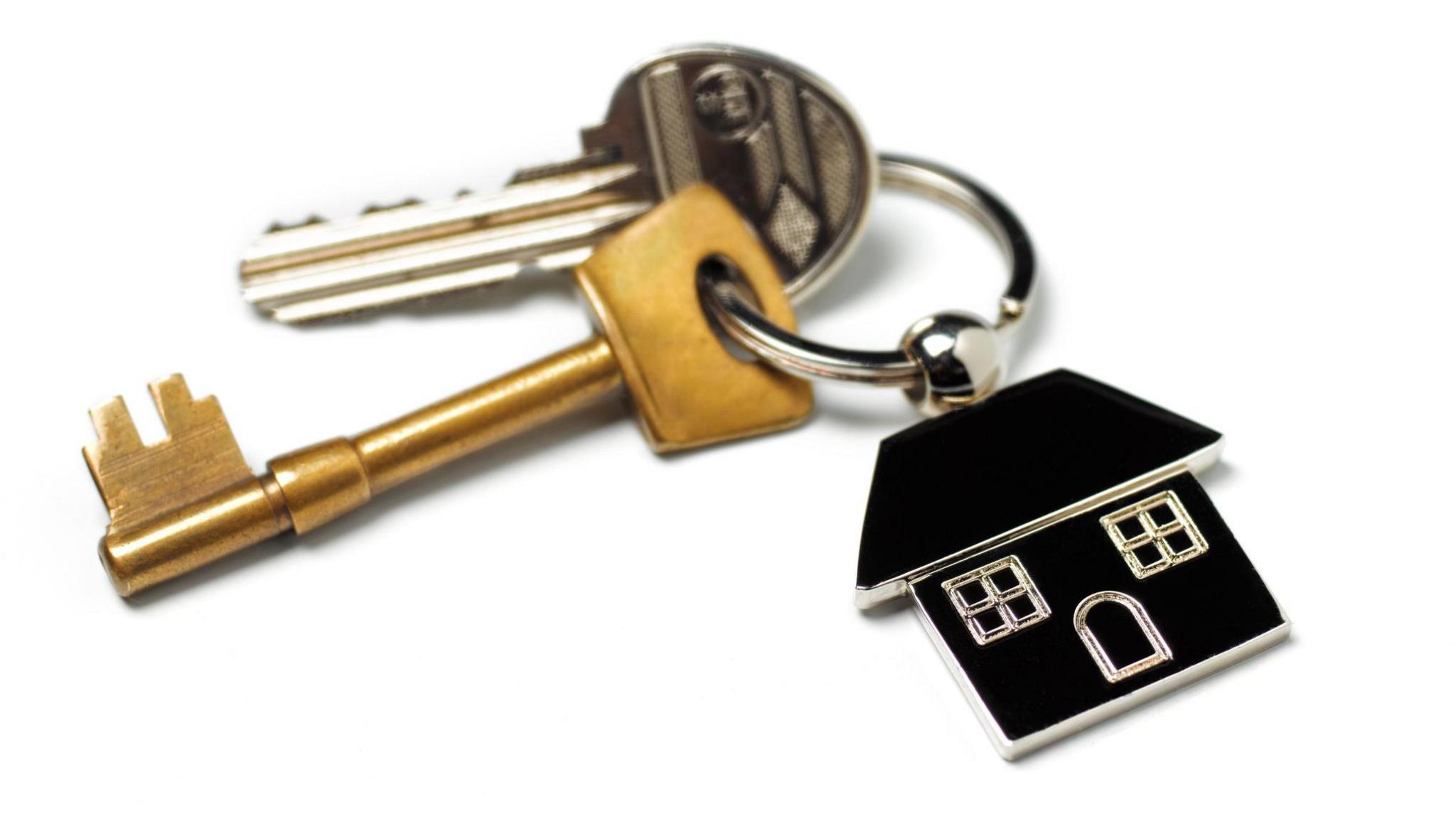 Two house keys, one silver and one gold, are attached to black house-shaped key right.