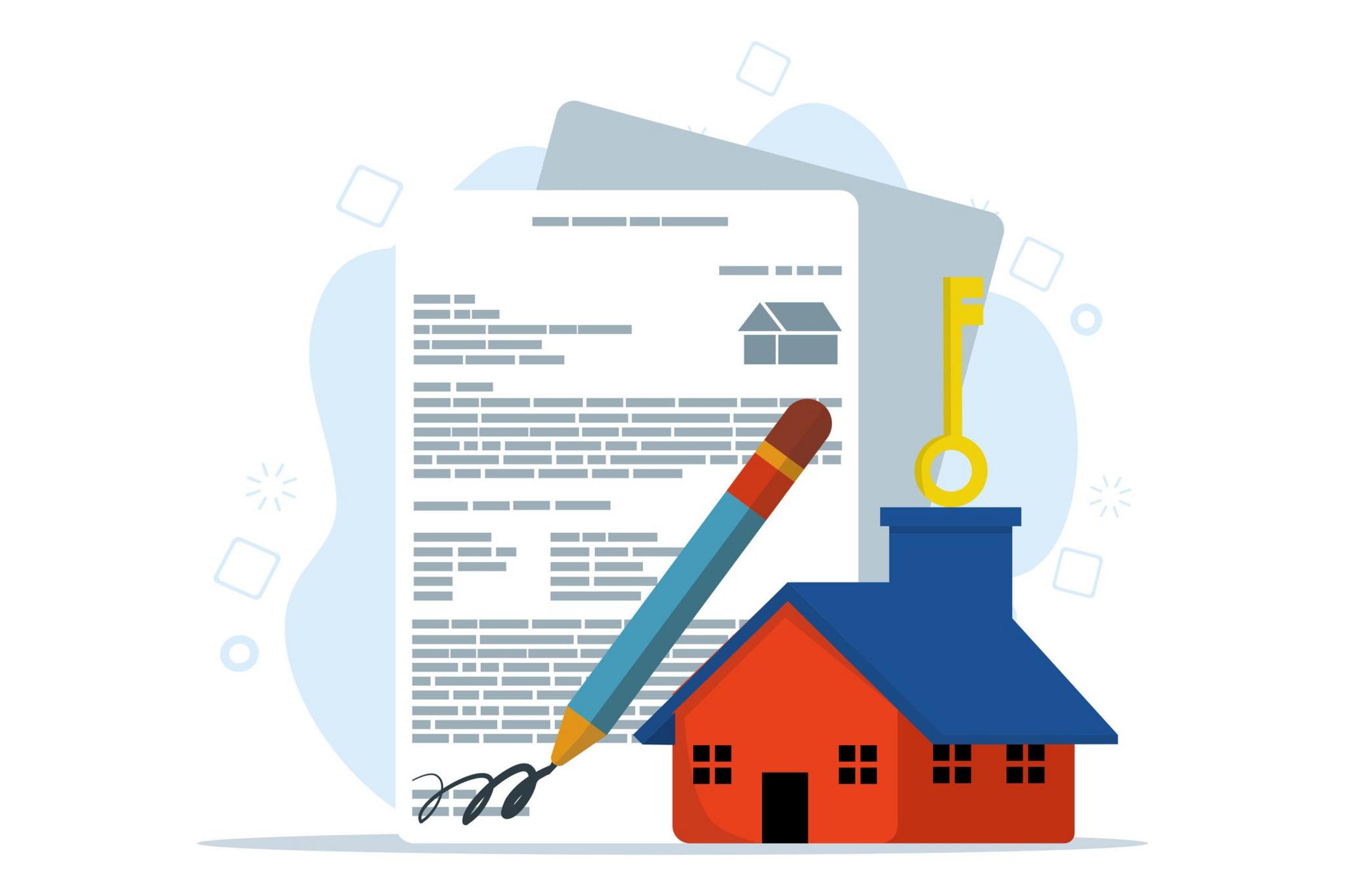 An illustration of a form being signed behind a house with a key