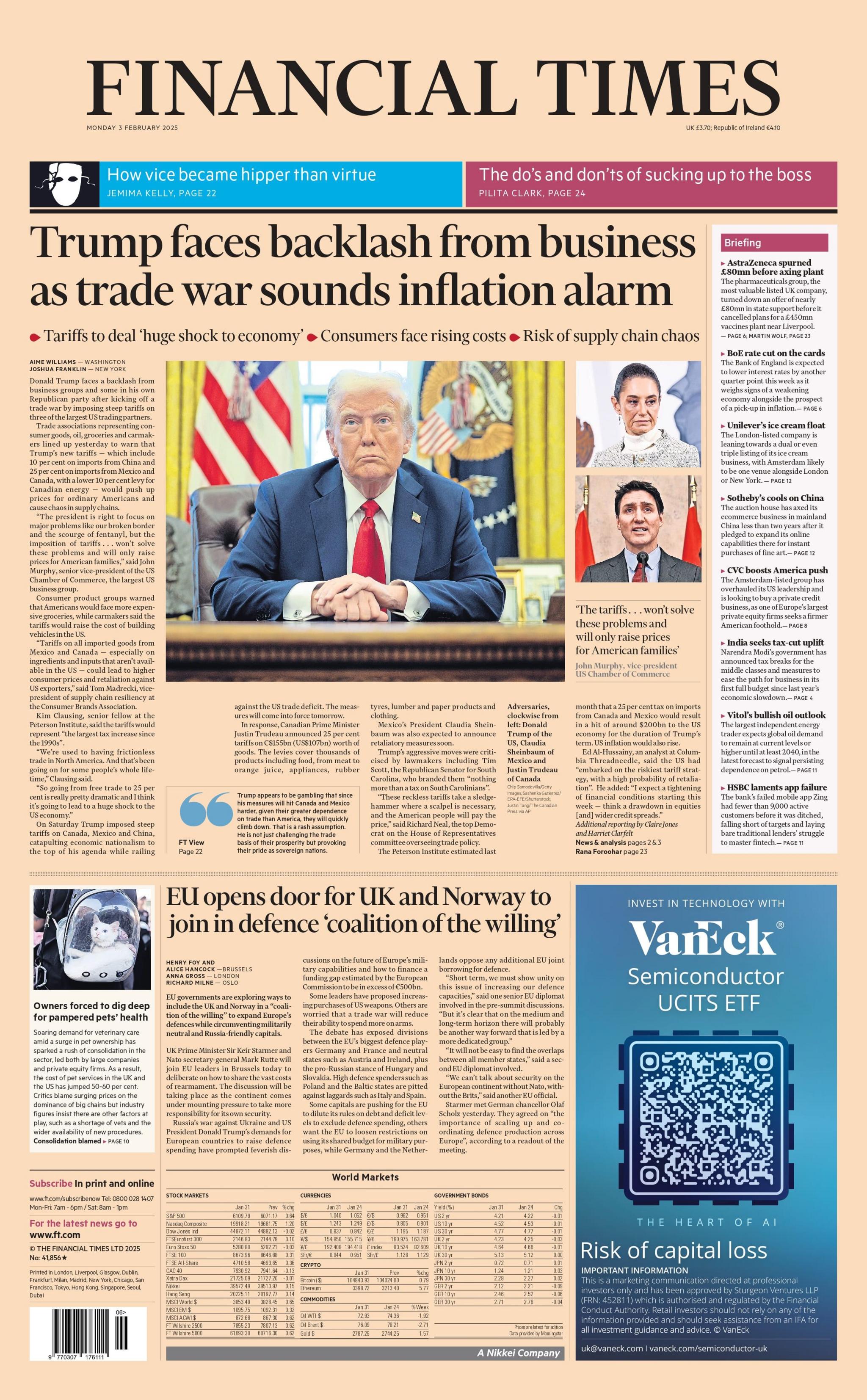 The headline on the front page of the The Financial Times reads: “Trump faces backlash from business as trade war sounds inflation alarm". 