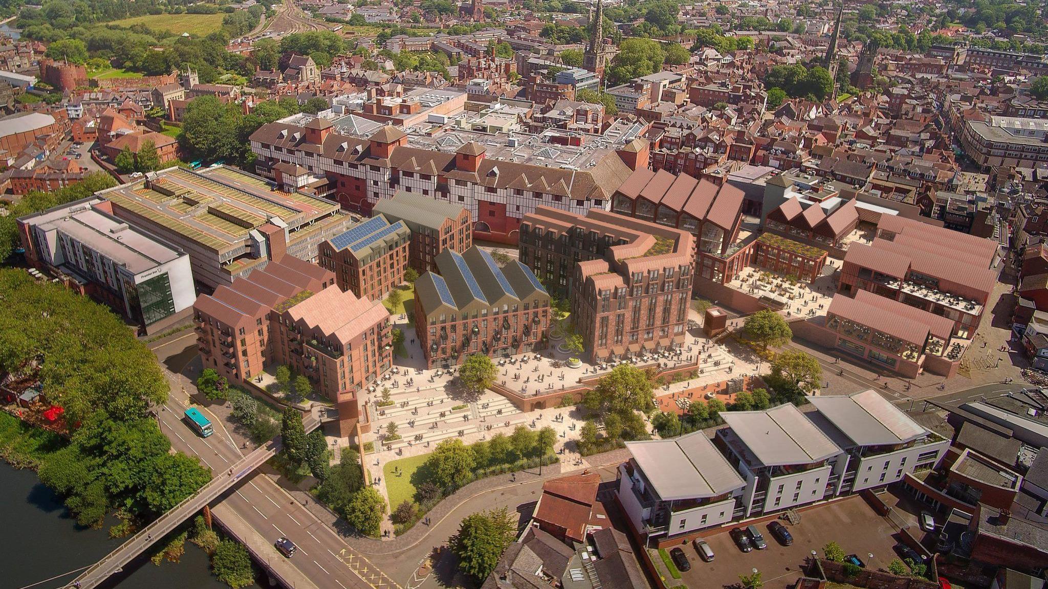 An artists impression of the Smithfield Riverside project. It is an overhead view of the area in Shrewsbury, that includes blocks of tall buildings clustered together, along with a large public park space.