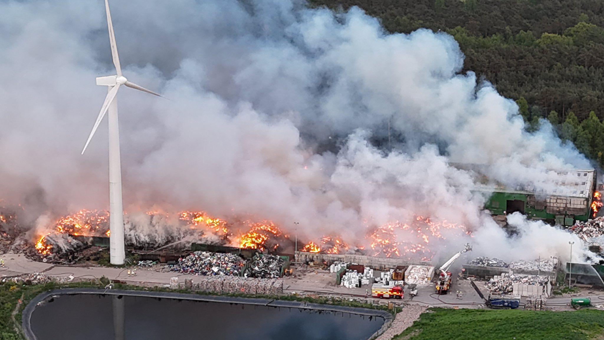 A drone shot of a fire at Ladybank Wastere Centre in Fife earlier this year.