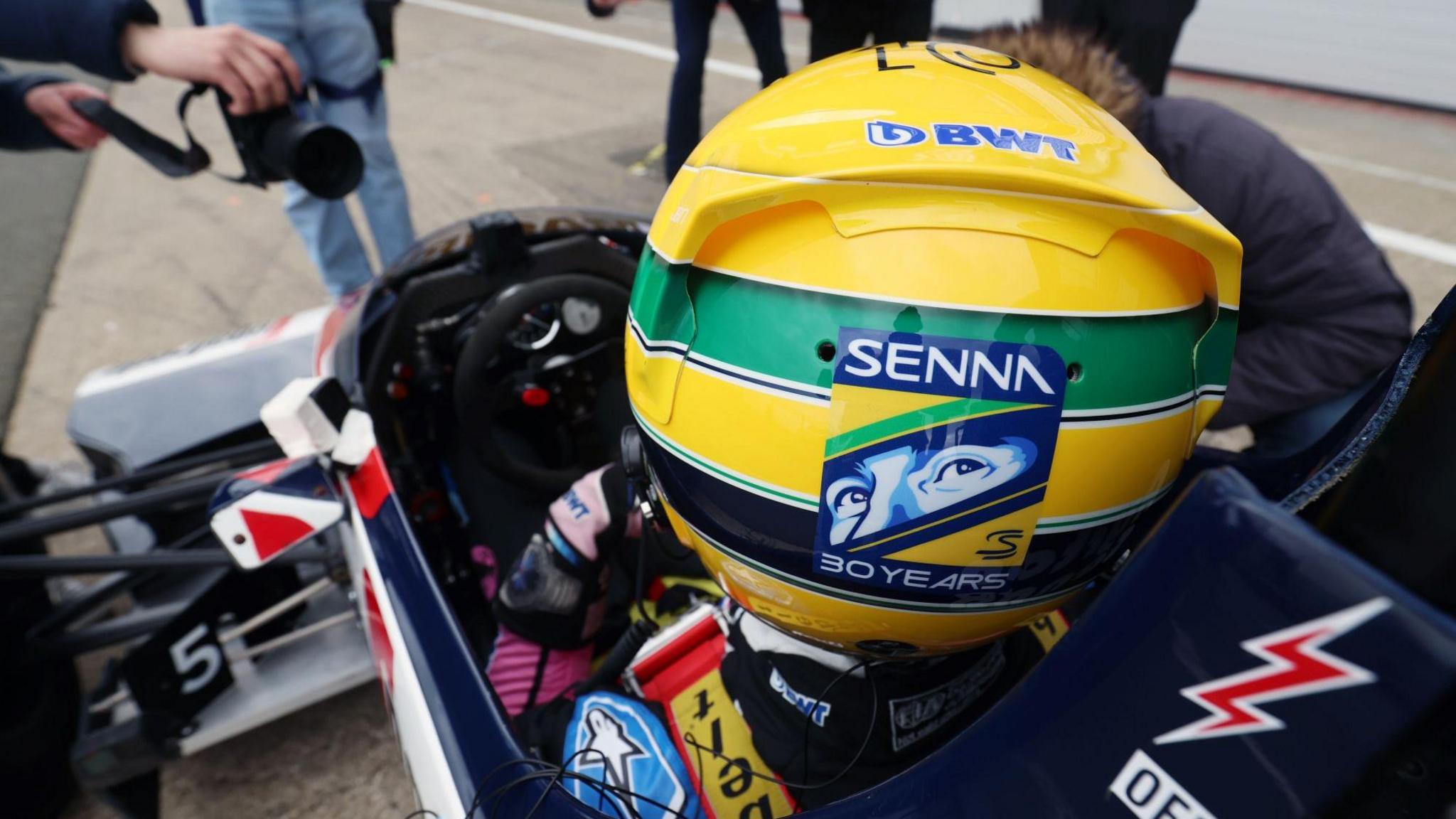 Pierre Gasly in a Senna helmet