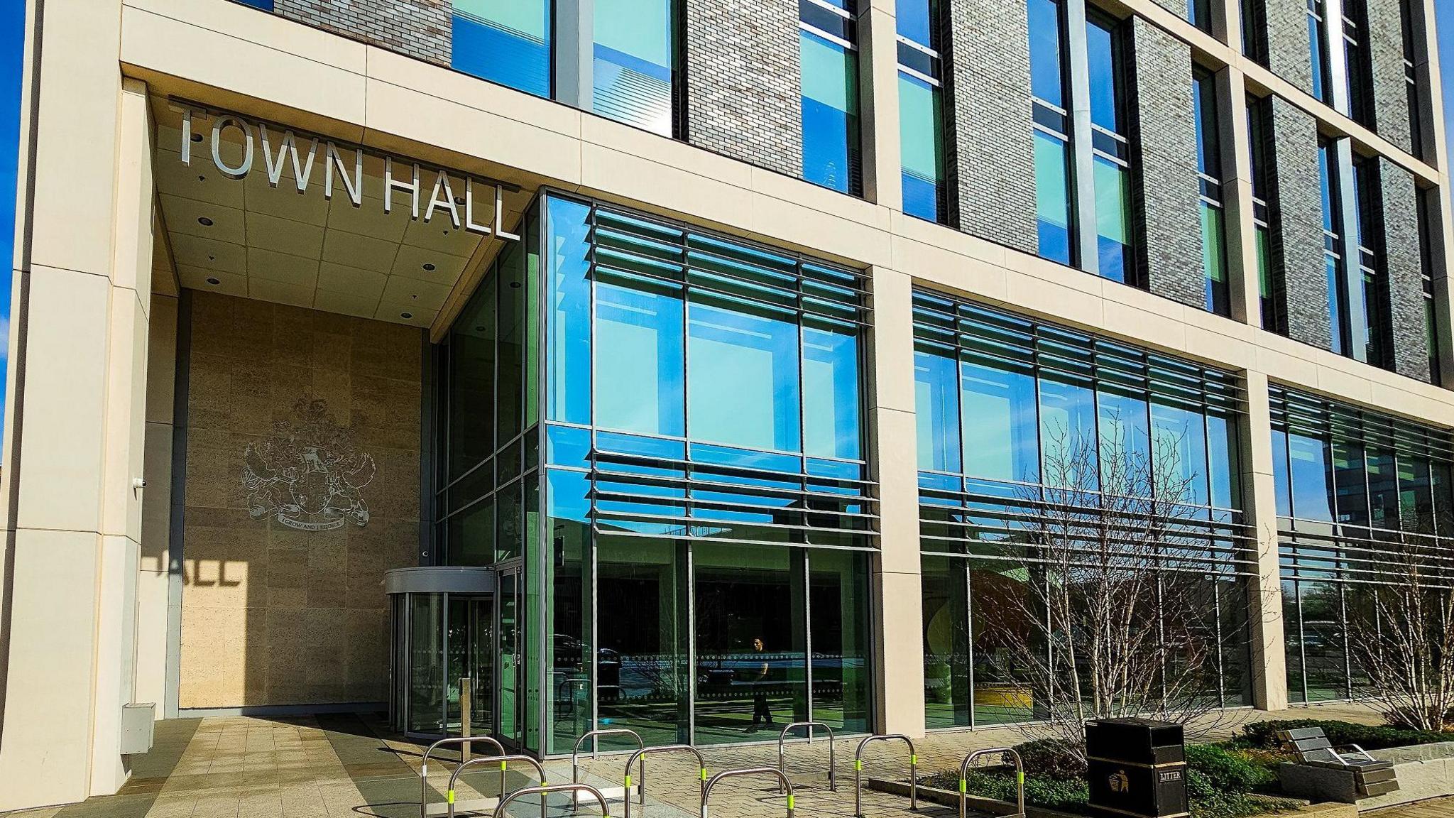 Exterior of the town hall in Crawley in West Sussex. The building is the headquarters of Crawley Borough Council.