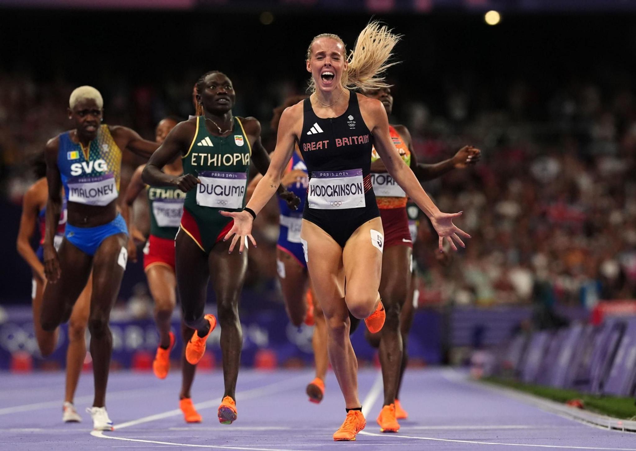 Great Britain's Keely Hodgkinson celebrates winning the Women's 800m final