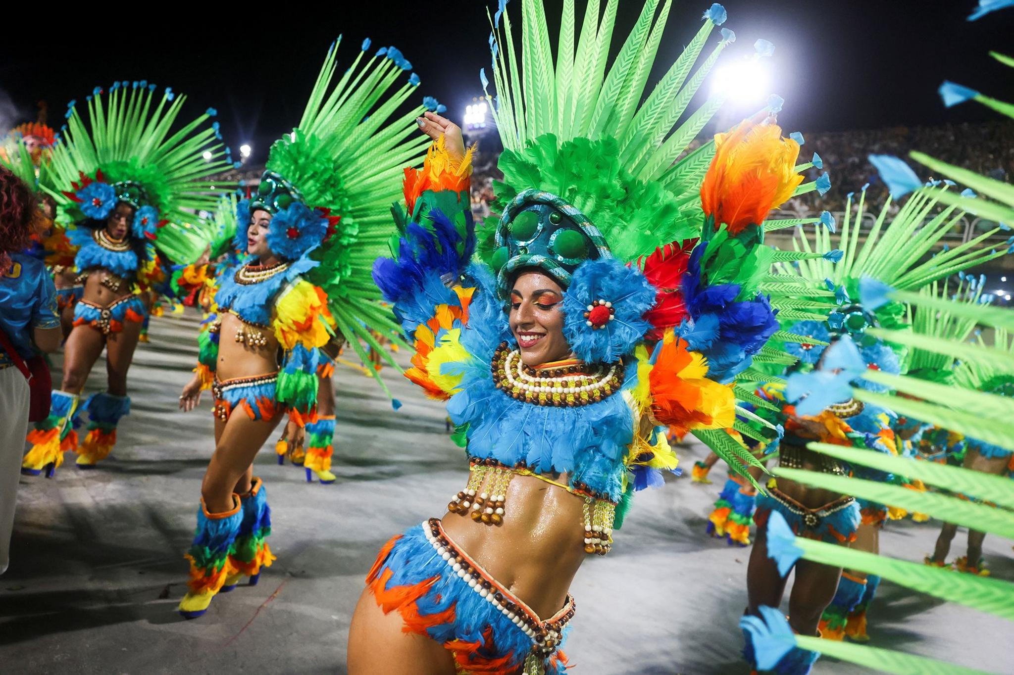 Revellers from Paraiso do Tuiuti samba school perform at the Sambadrome during Carnival in Rio de Janeiro