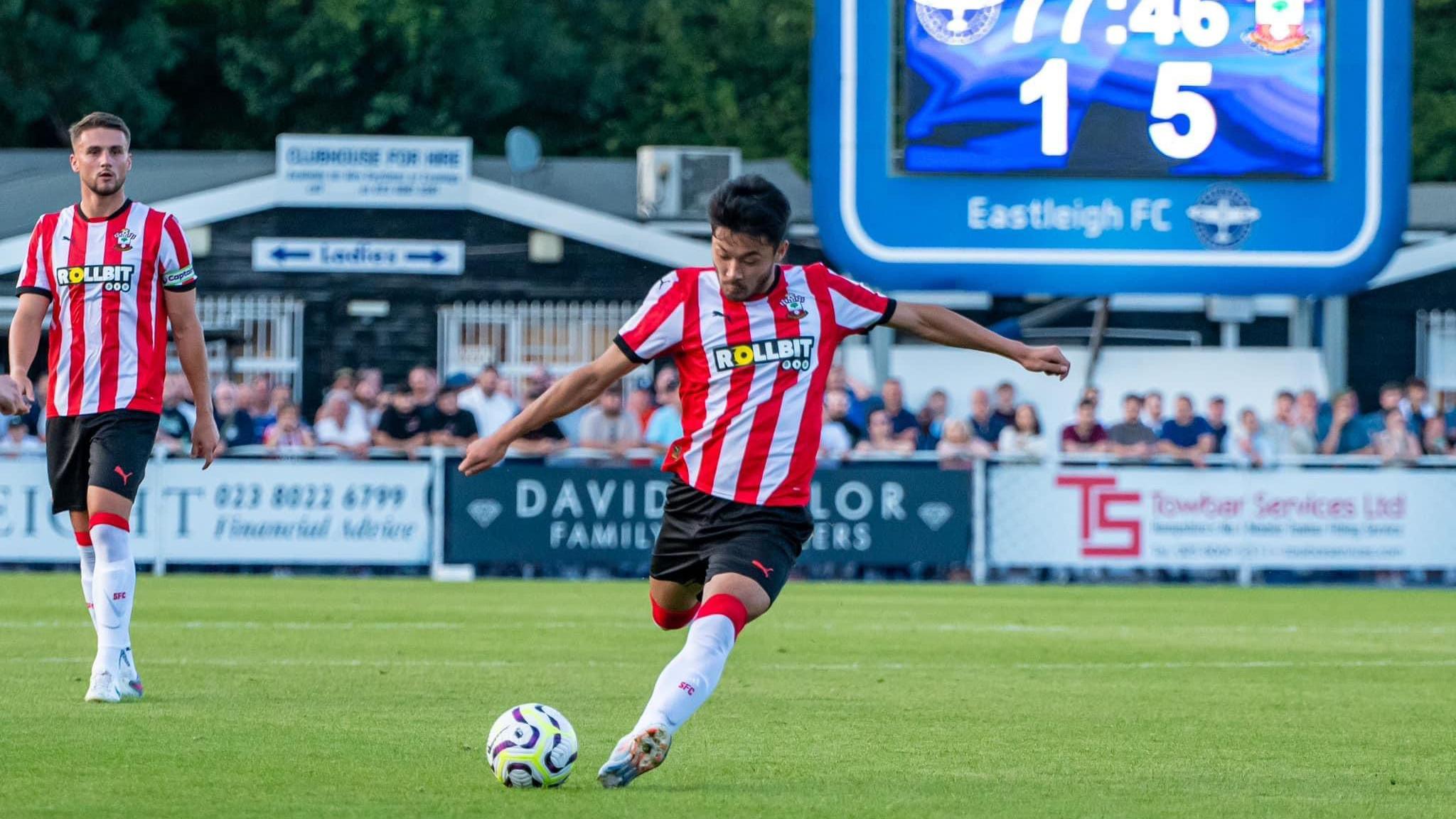 New Southampton signing Yukinari Sugawara strikes from distance in their pre season match against Eastleigh FC 