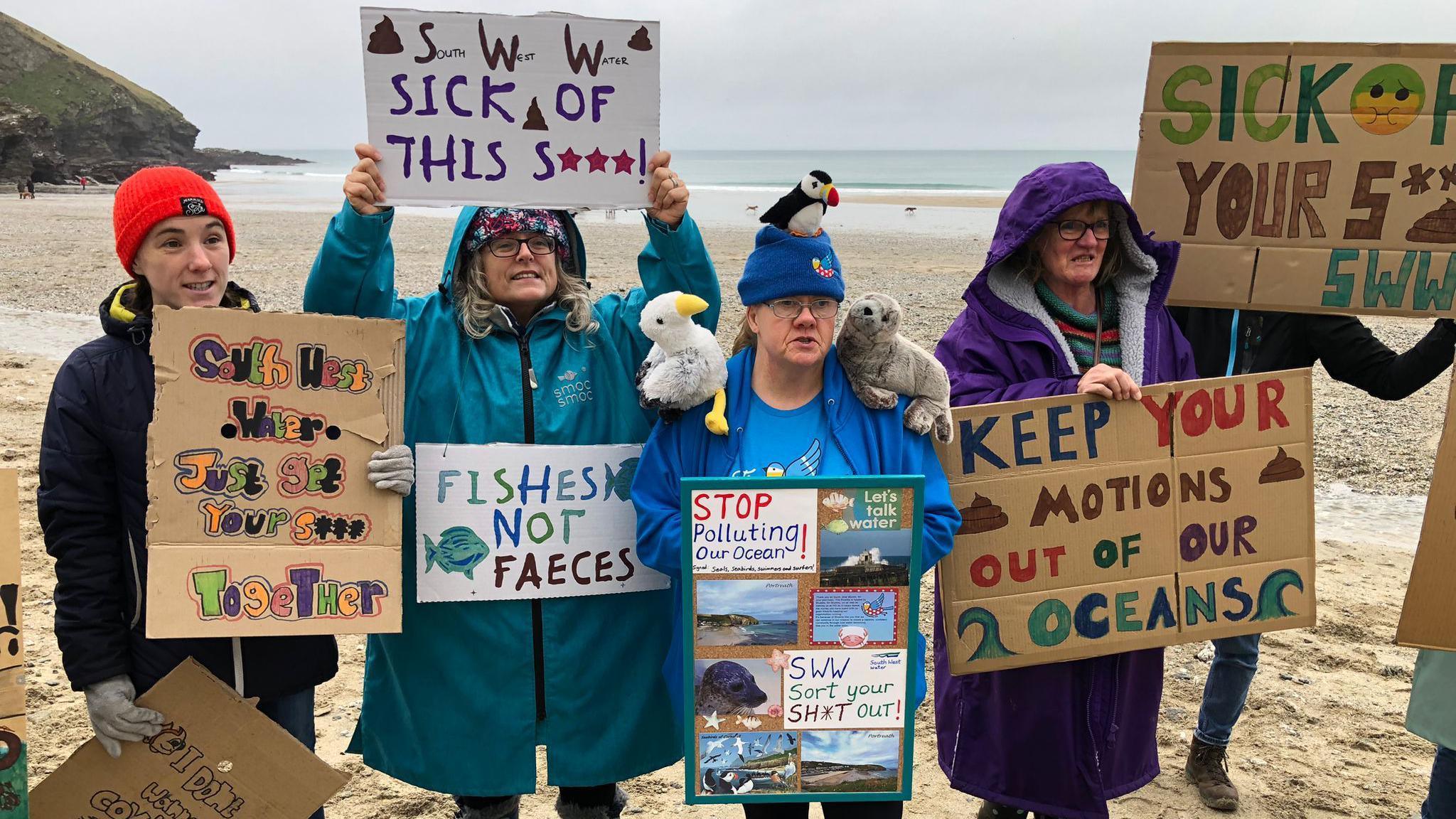 Protestors at Portreath beach in Cornwall