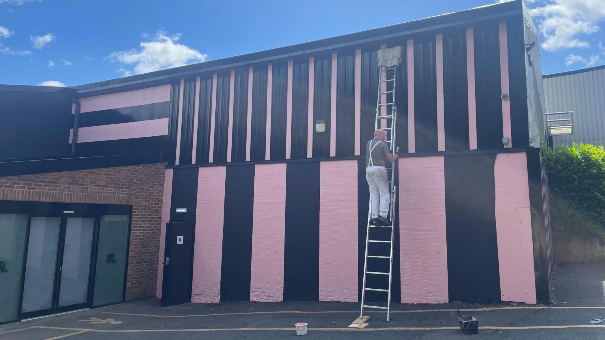 A man in overalls stands halfway up a ladder next to a building painted in pink and black stripes