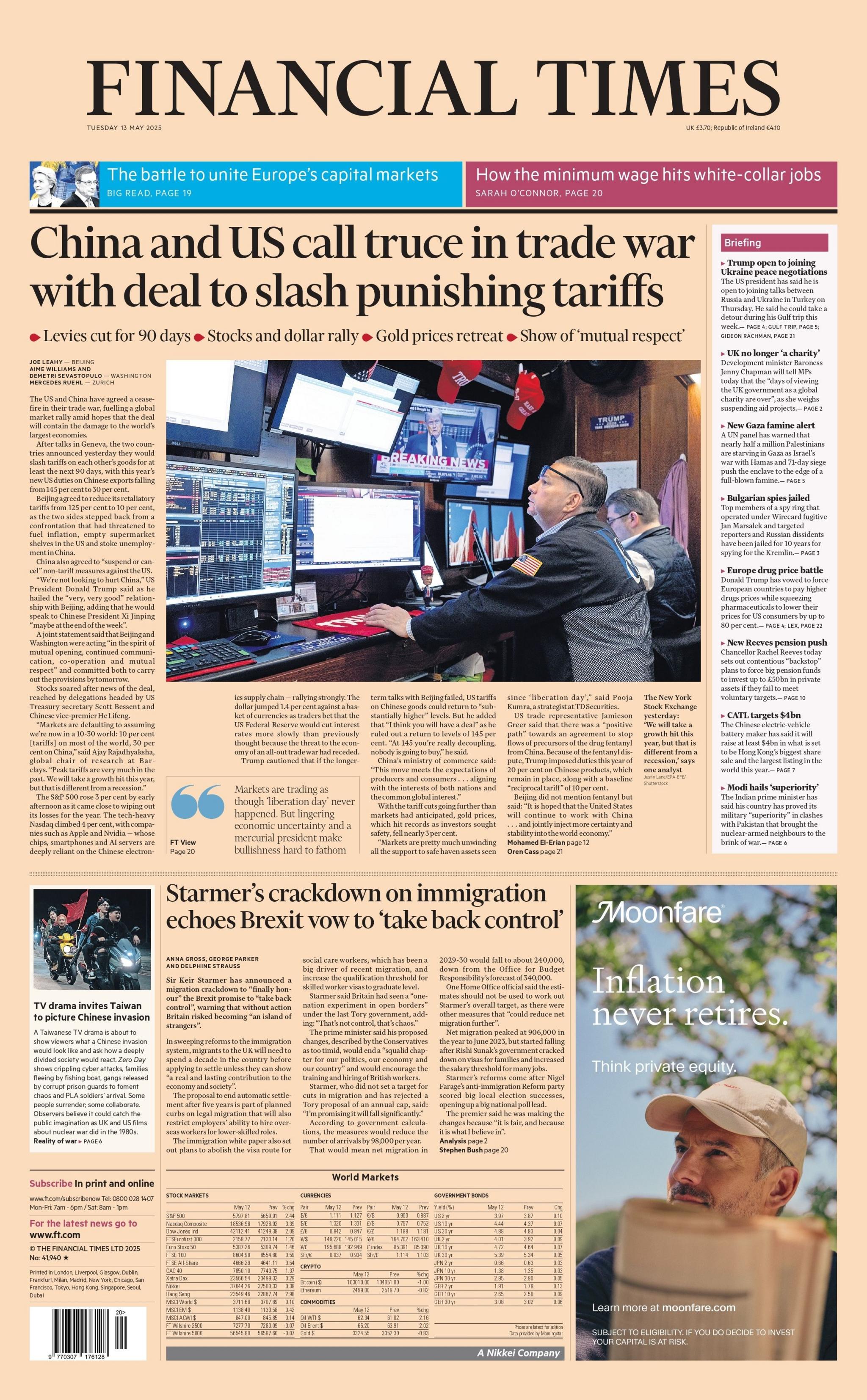 The headline of the Financial Times reads: "China and the US call truce in trade war with deal to slash punishing tariffs."